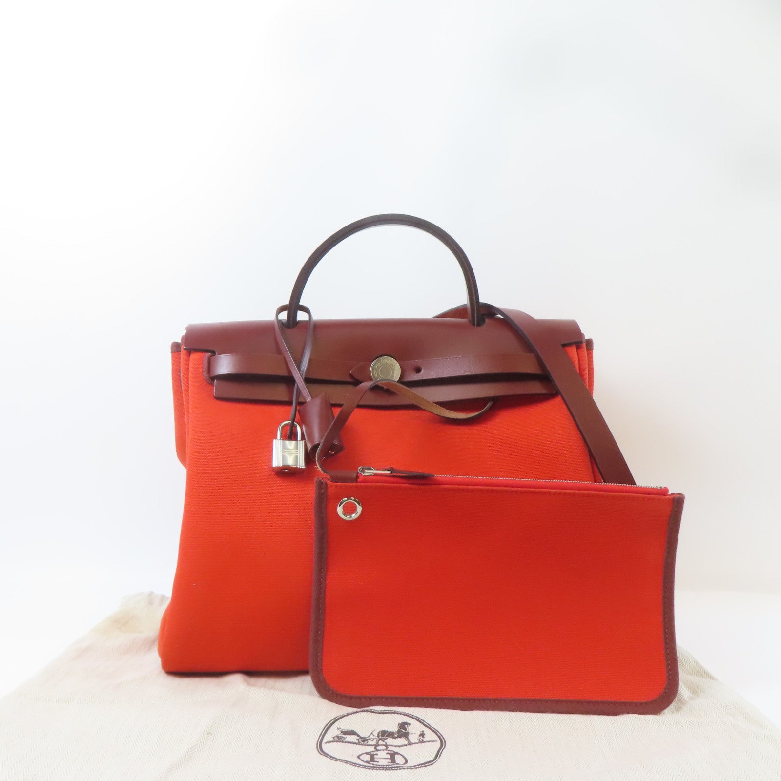 HERMES 帆布/皮革Herbag PM銀扣手挽肩背兩用袋紅色