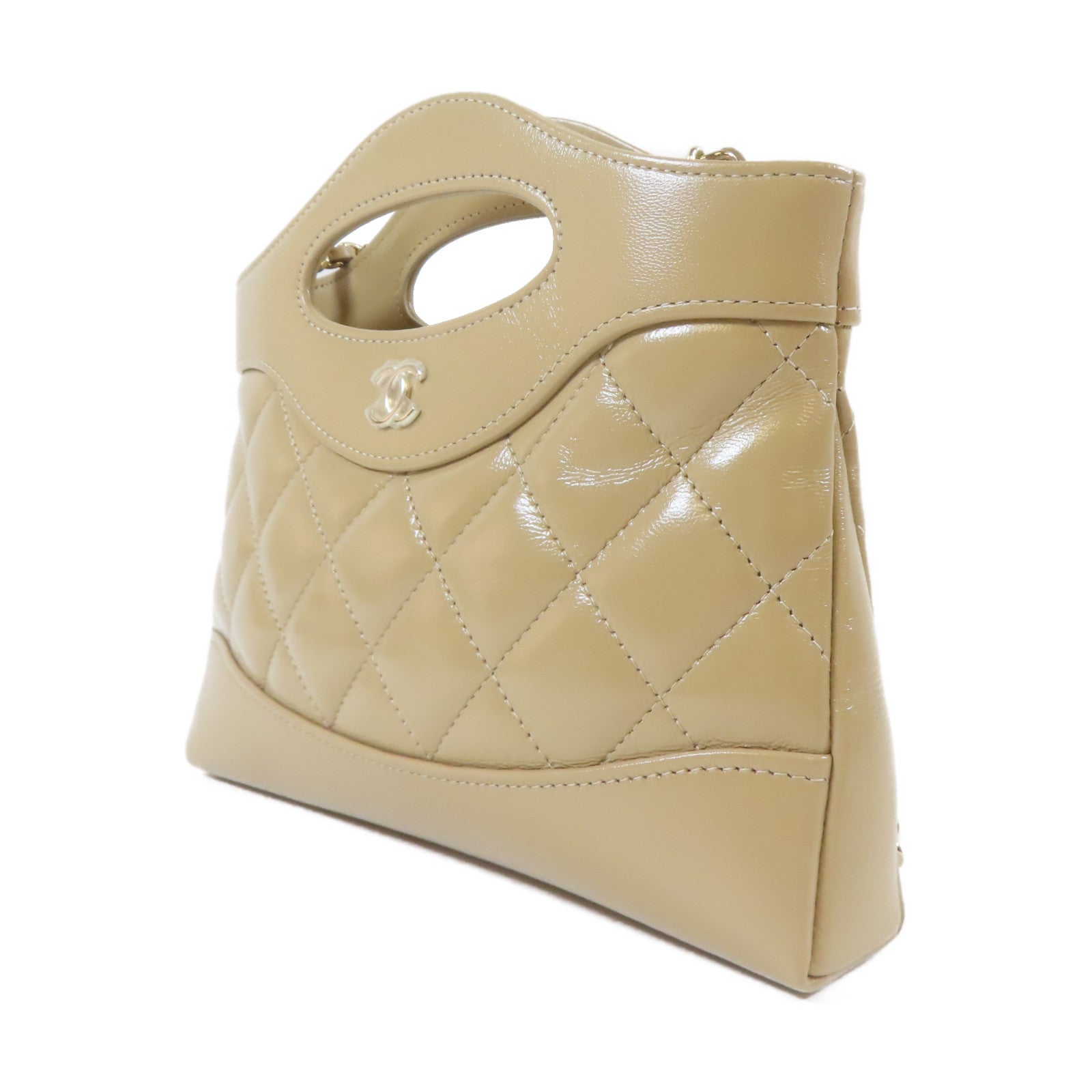 CHANEL 菱格牛皮皮革Nano 31 2 Way Chain Shoulder Bag金扣鏈帶手挽肩背兩用袋米色