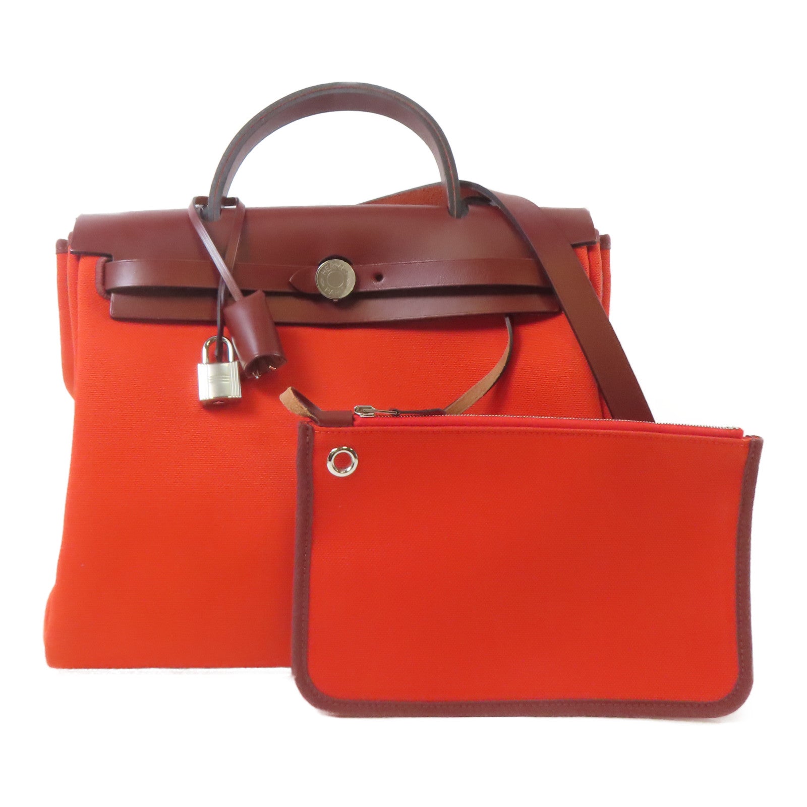 HERMES 帆布/皮革Herbag PM銀扣手挽肩背兩用袋紅色