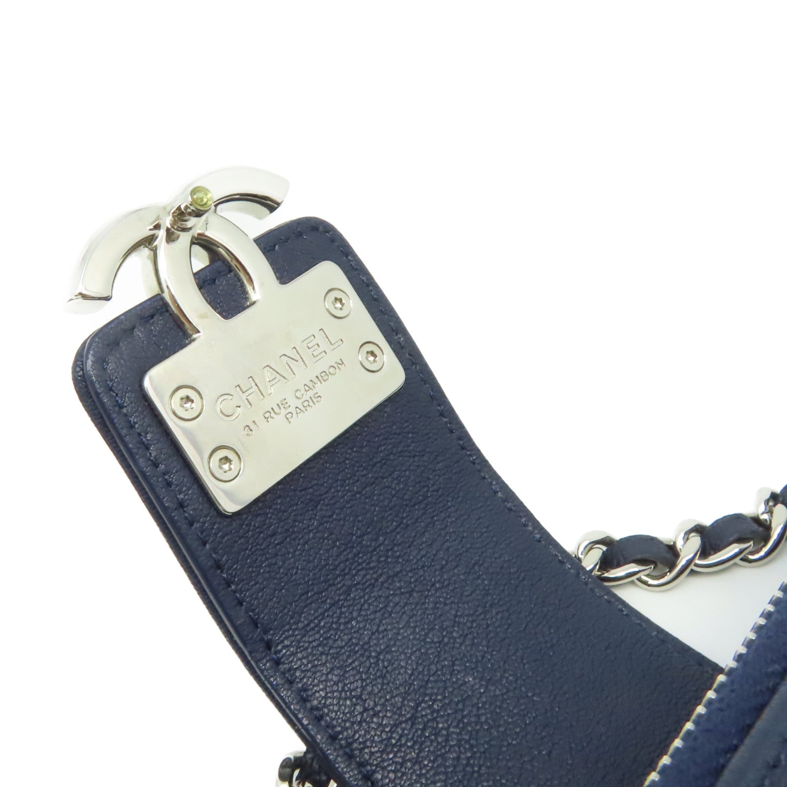 CHANEL 菱格牛皮皮革Chain Shoulder Bag銀扣鏈帶肩背袋寶藍色