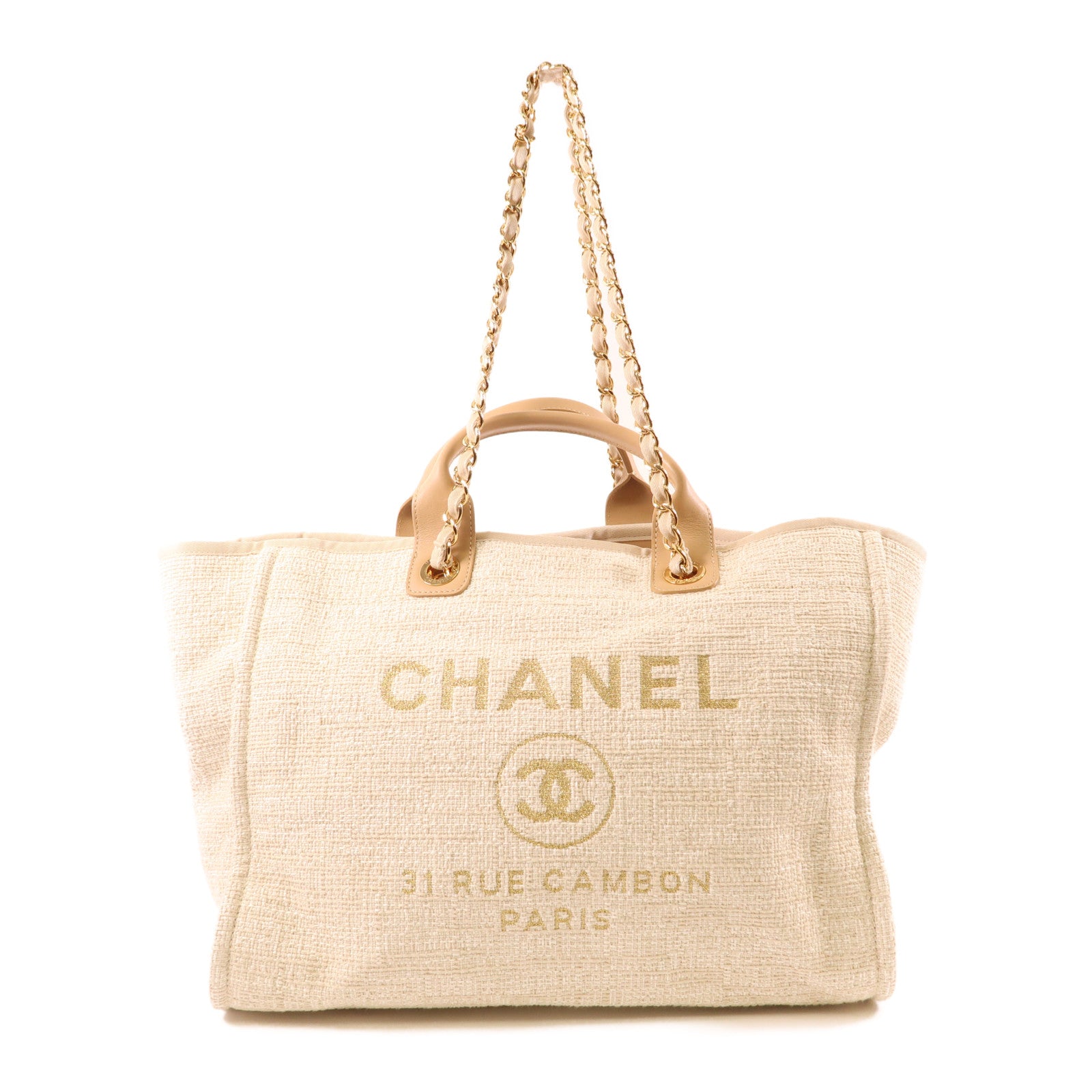 CHANEL 帆布Deauville金扣手挽肩背兩用袋
