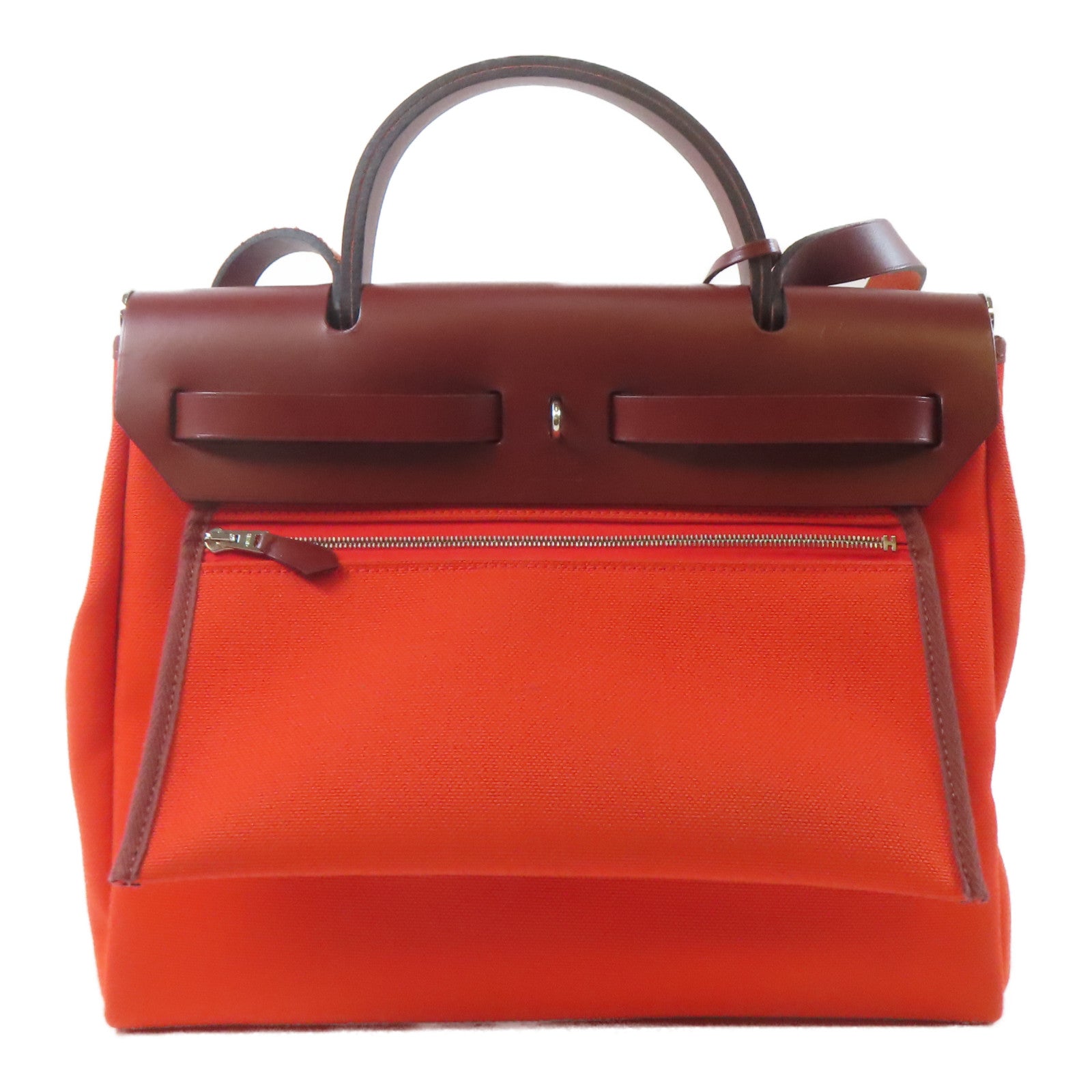 HERMES 帆布/皮革Herbag PM銀扣手挽肩背兩用袋紅色