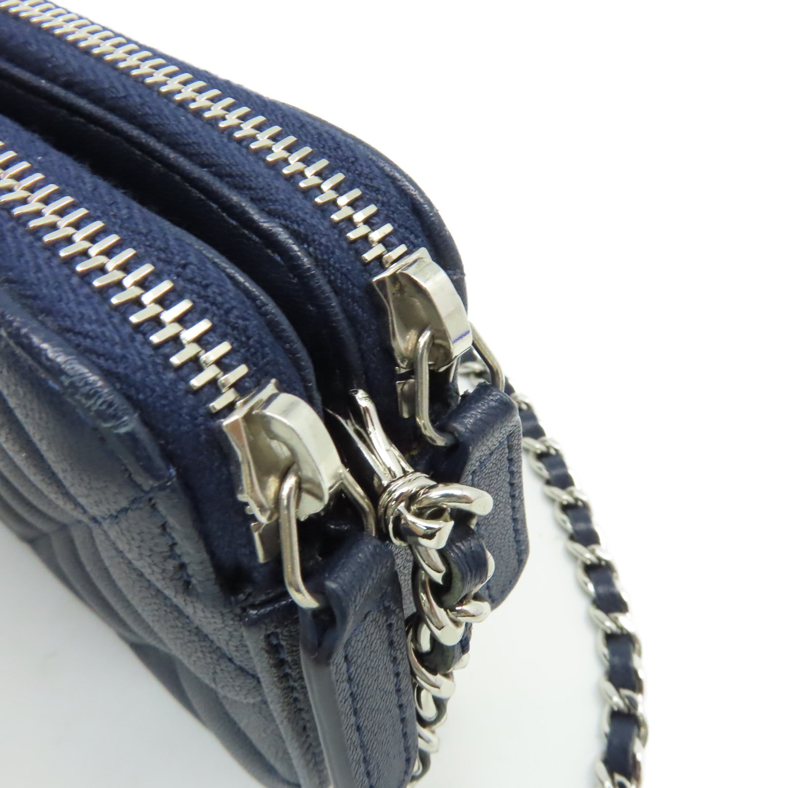 CHANEL 菱格牛皮皮革Chain Shoulder Bag銀扣鏈帶肩背袋寶藍色
