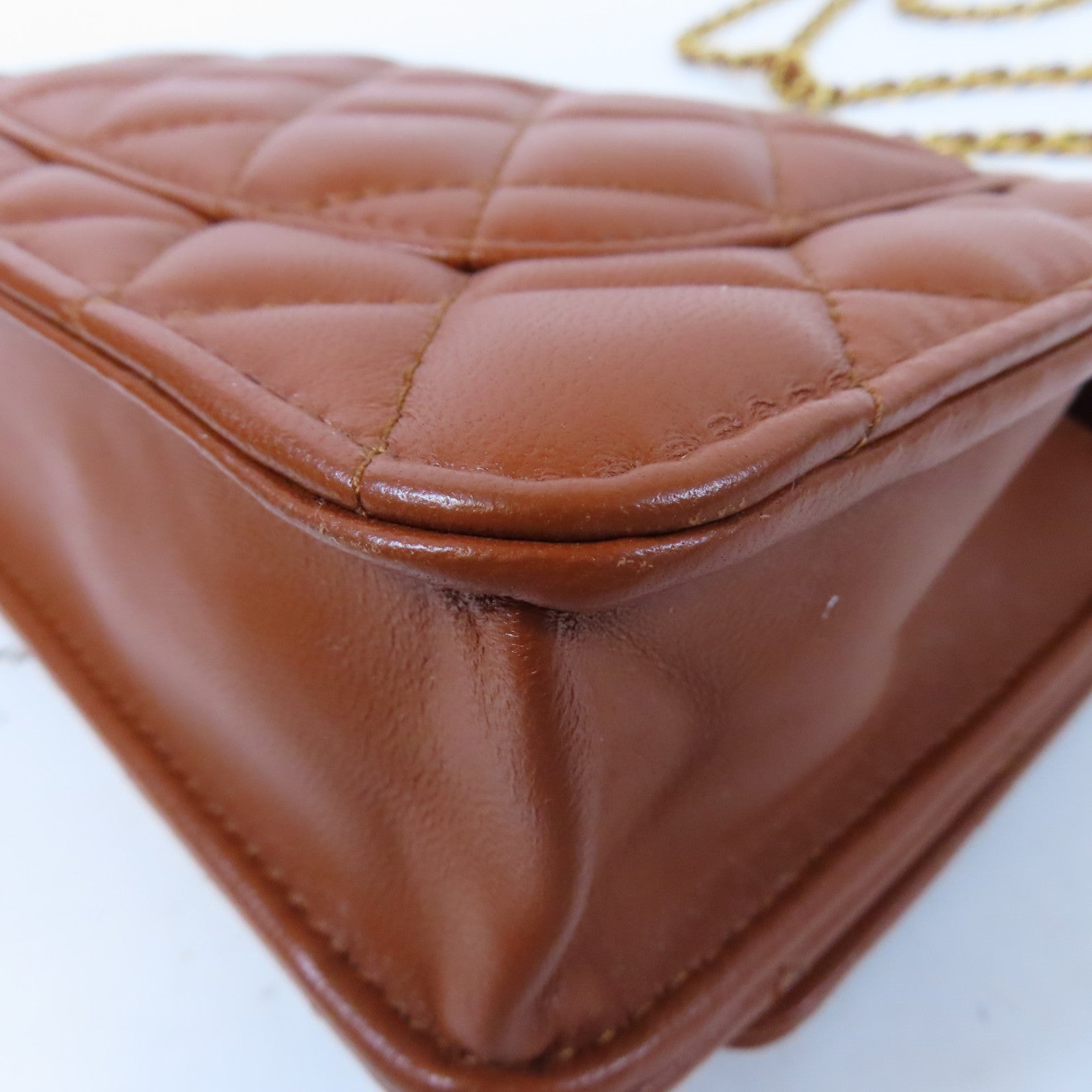 CHANEL 菱格羊皮皮革Top Handle WOC金扣鏈帶手挽肩背兩用袋啡色