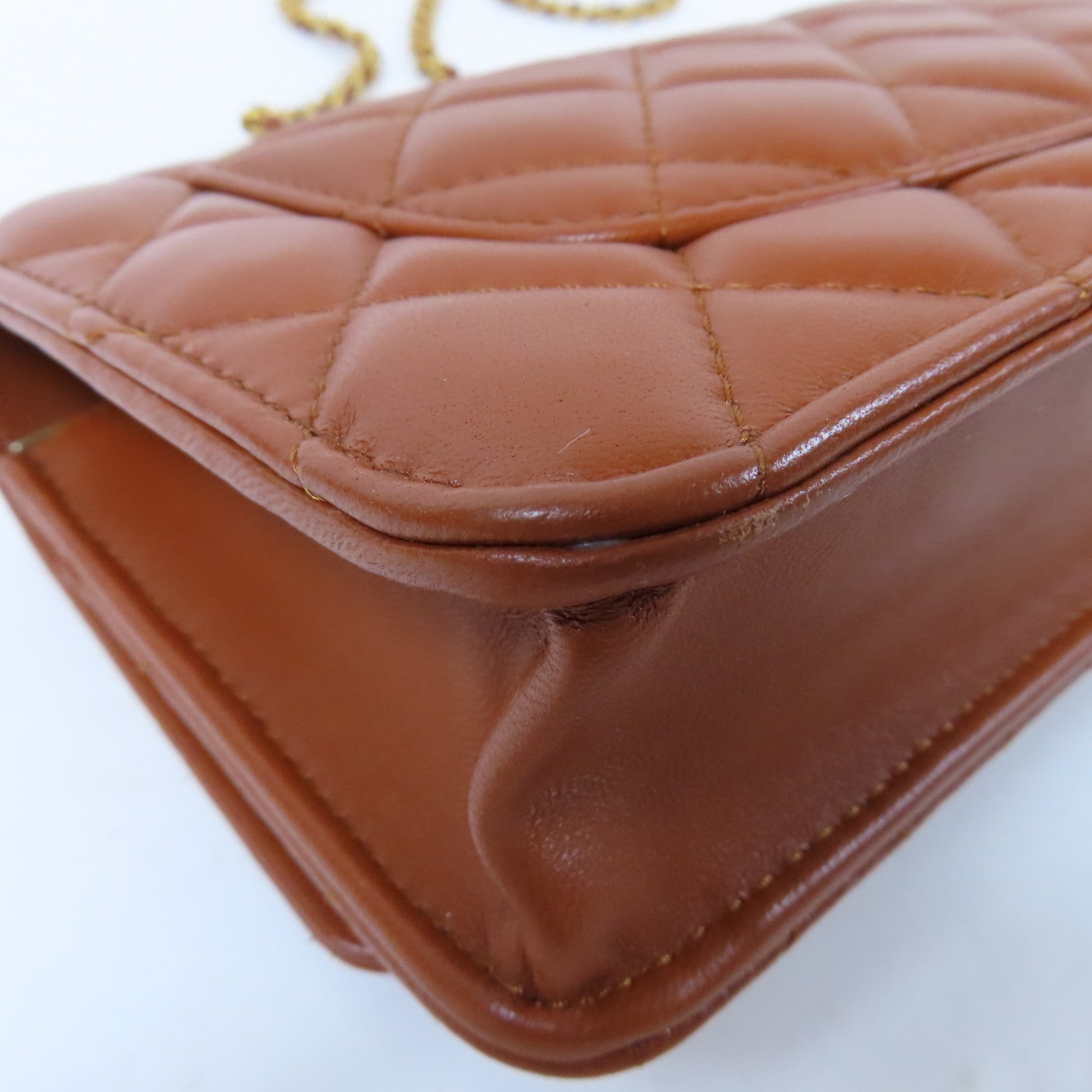 CHANEL 菱格羊皮皮革Top Handle WOC金扣鏈帶手挽肩背兩用袋啡色