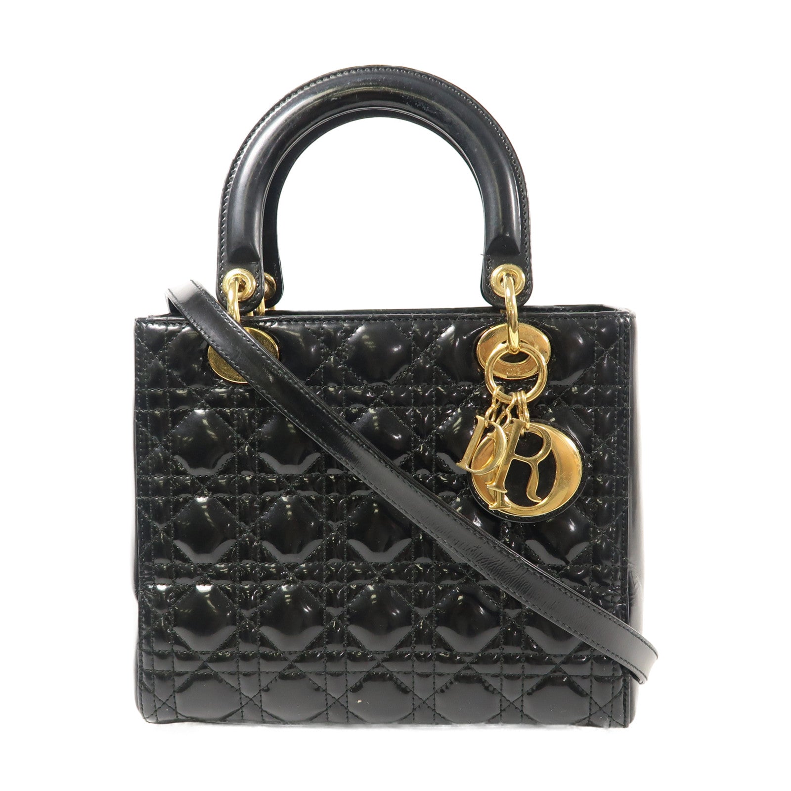 Dior 漆皮皮革Lady Dior Medium金扣手挽肩背兩用袋