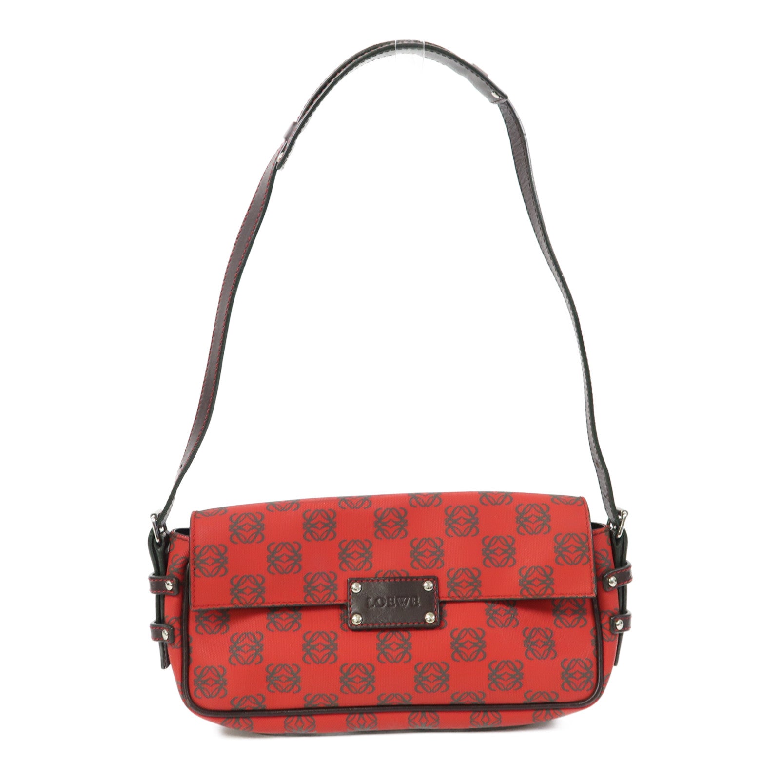 LOEWE 塗層帆布Shoulder Bag銀扣肩背袋紅色