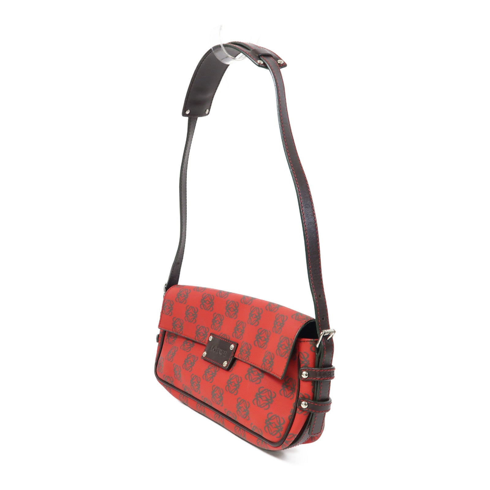 LOEWE 塗層帆布Shoulder Bag銀扣肩背袋紅色