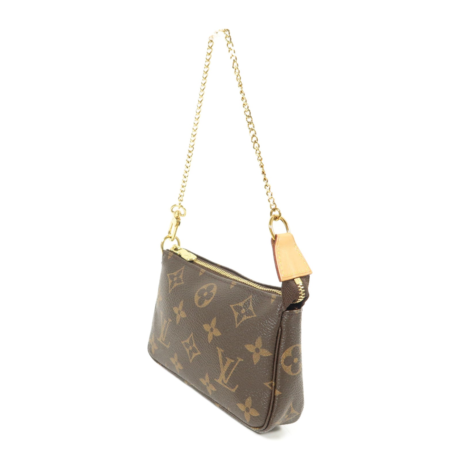 LOUIS VUITTON Monogram Mini Pochette Accessoires金扣手挽袋棕色