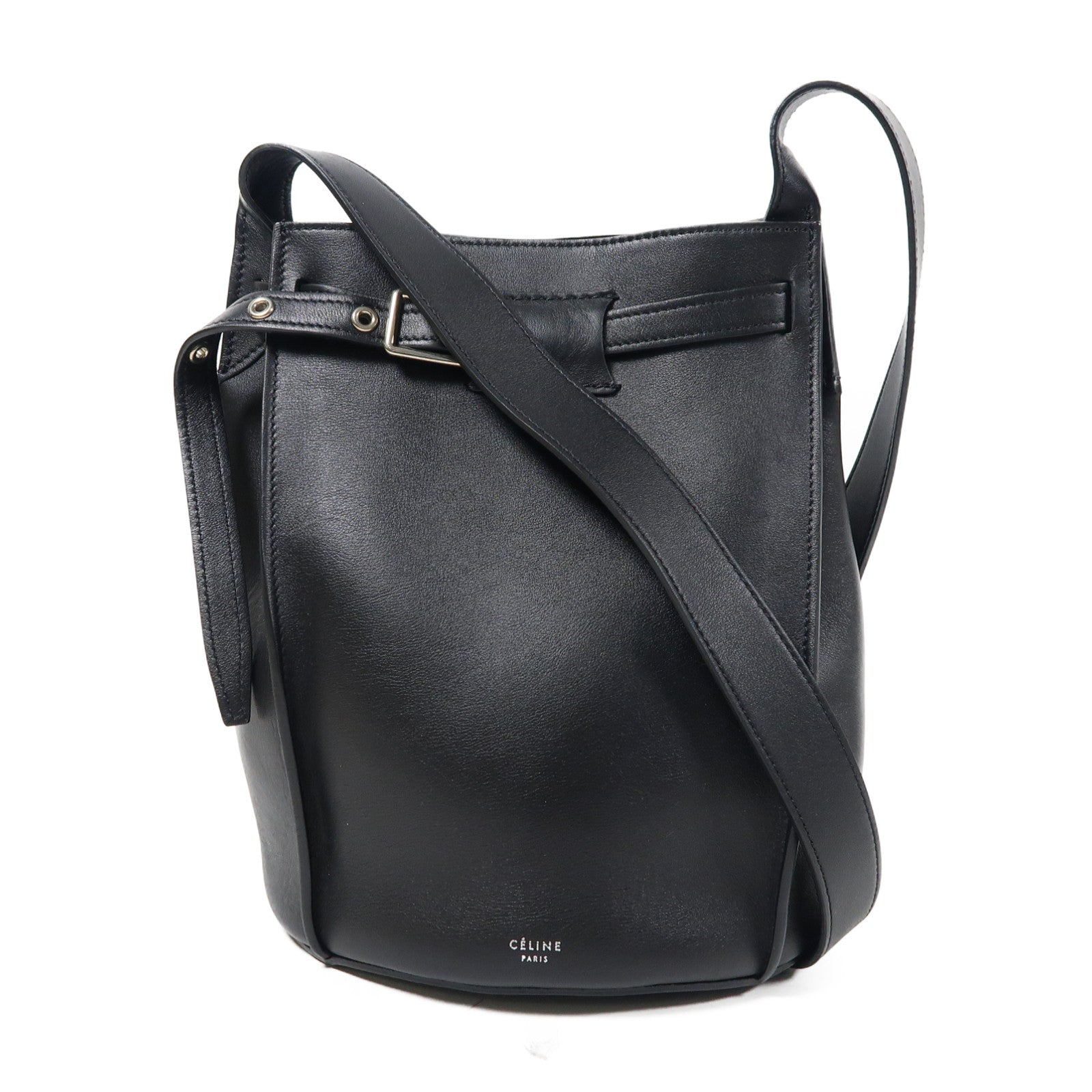 CELINE 【激減優惠】牛皮皮革Bucket W Long Strap銀扣肩背袋黑色