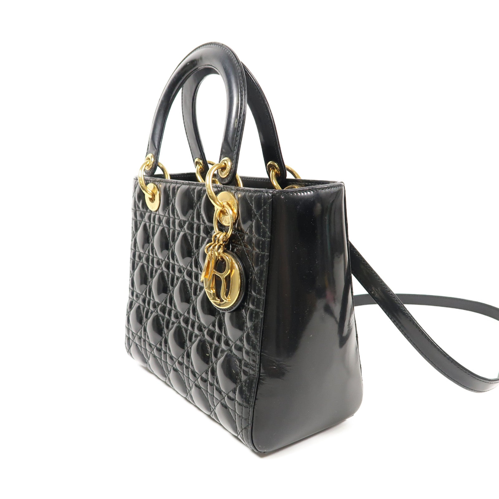 Dior 漆皮皮革Lady Dior Medium金扣手挽肩背兩用袋