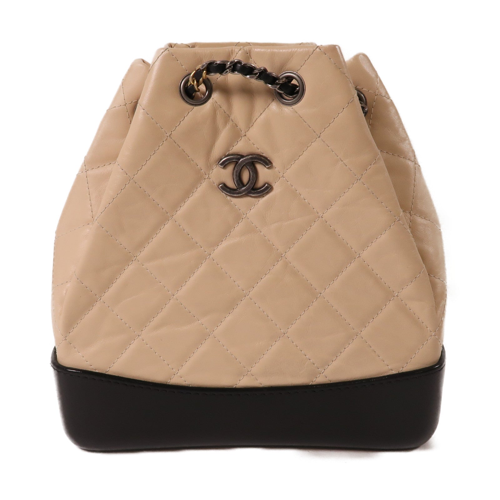 CHANEL 牛皮皮革Gabrielle Rucksack銀扣/金扣鏈帶背包米色/黑色