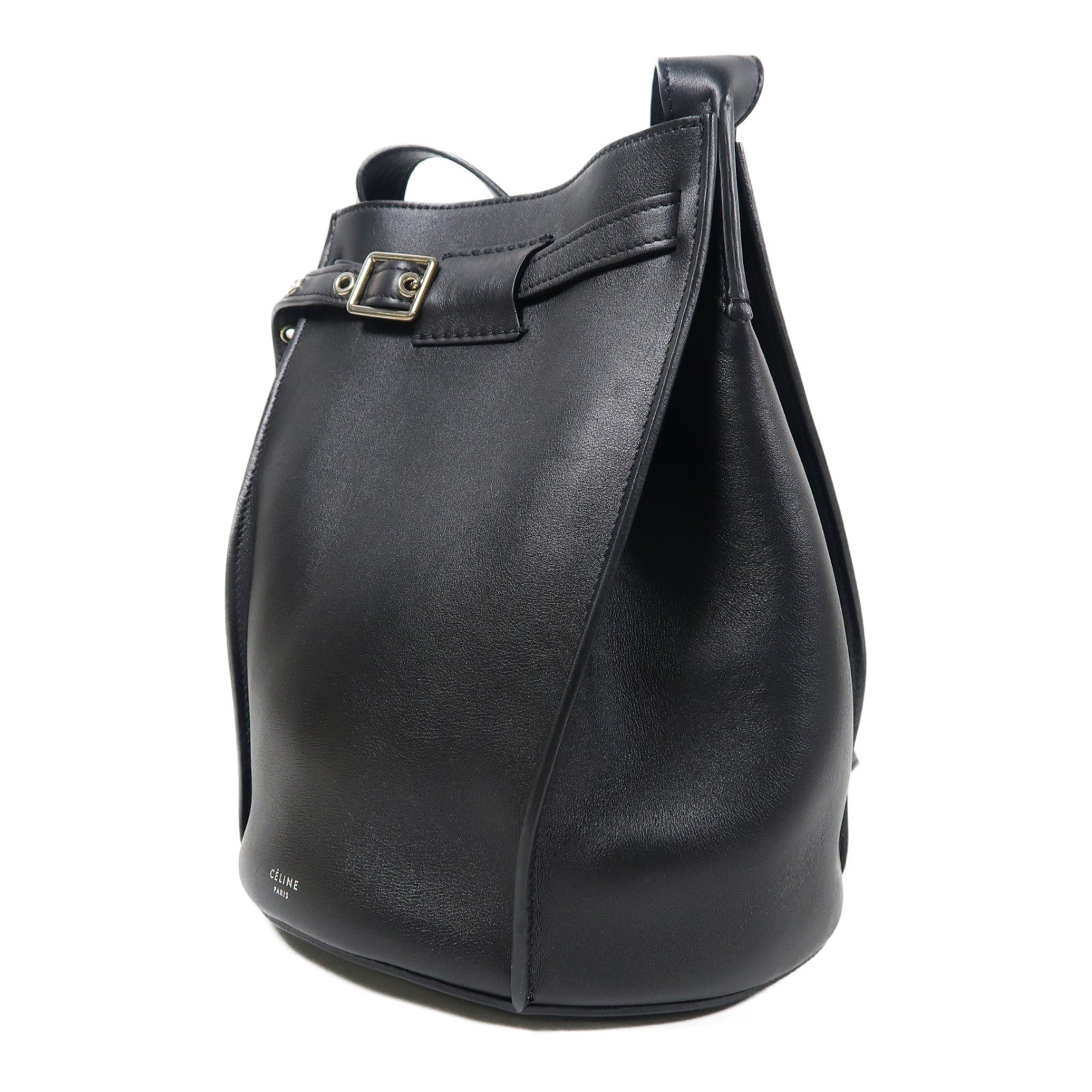 CELINE 【激減優惠】牛皮皮革Bucket W Long Strap銀扣肩背袋黑色