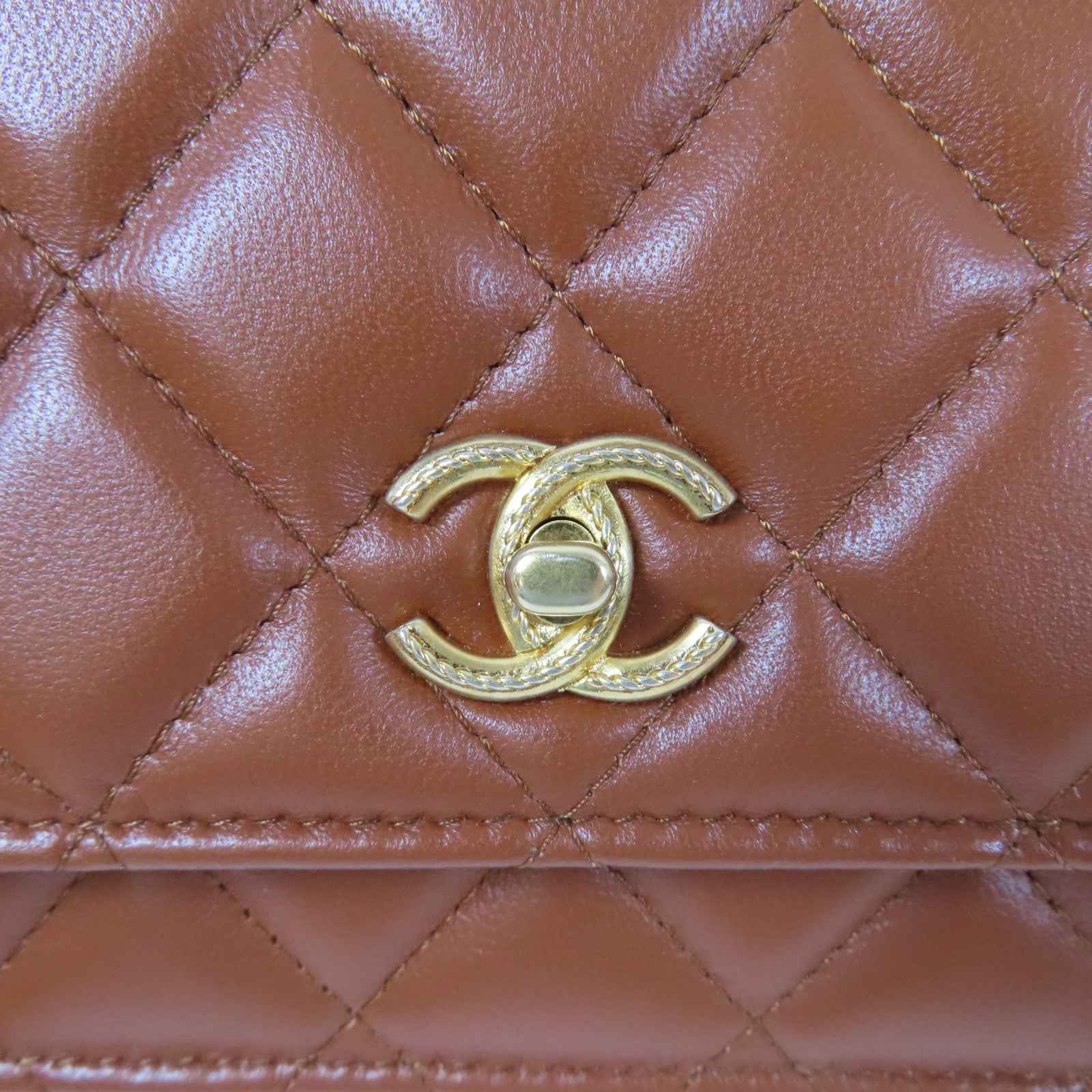 CHANEL 菱格羊皮皮革Top Handle WOC金扣鏈帶手挽肩背兩用袋啡色