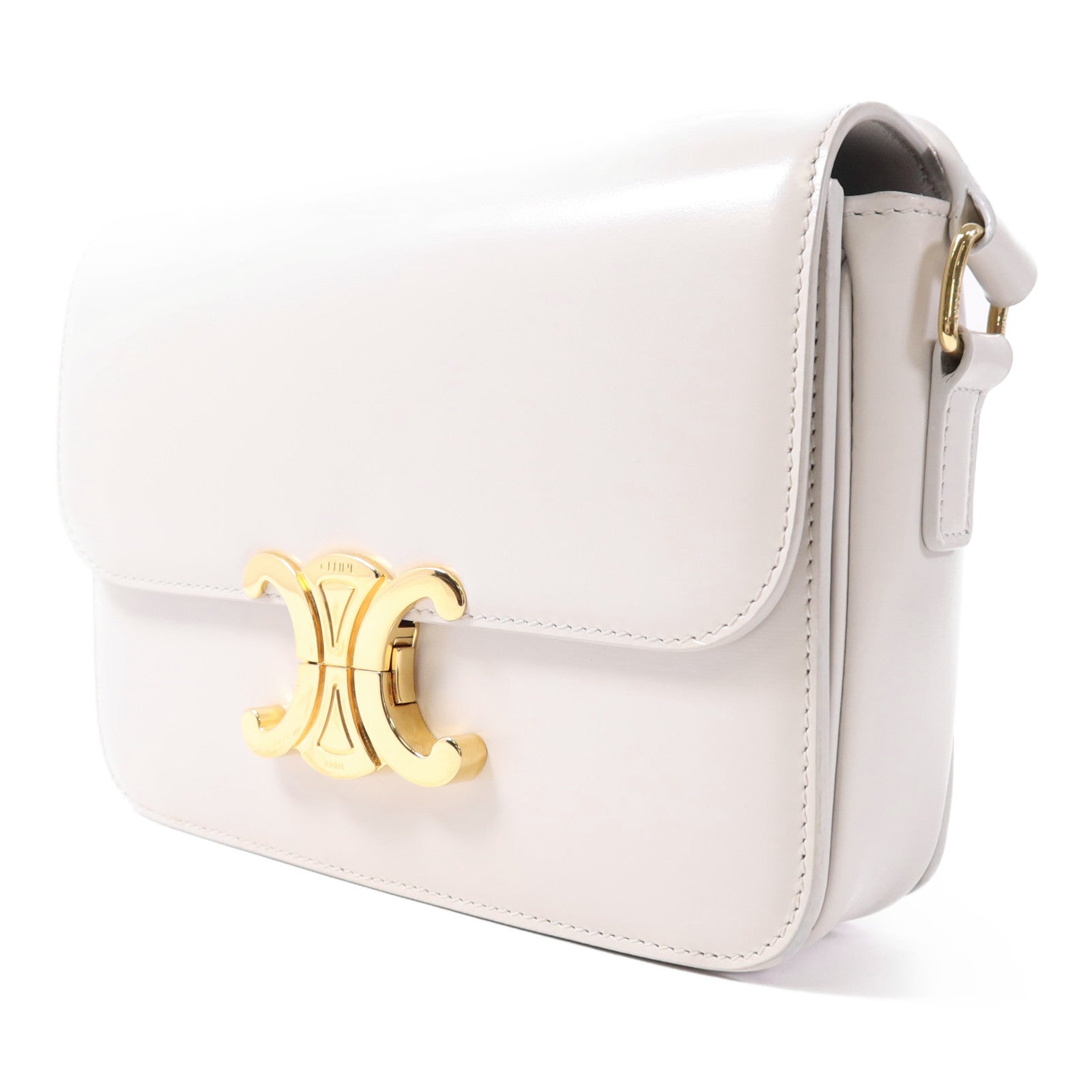 CELINE GHW Teen Triomphe Shoulder Bag Calfskin Leather Light Grey