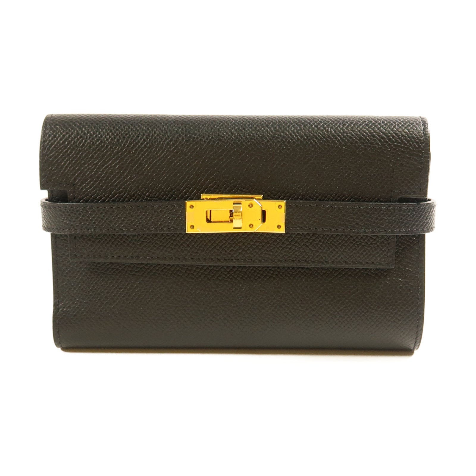 HERMES Epsom皮革Kelly Wallet Compact金扣長錢包Noir