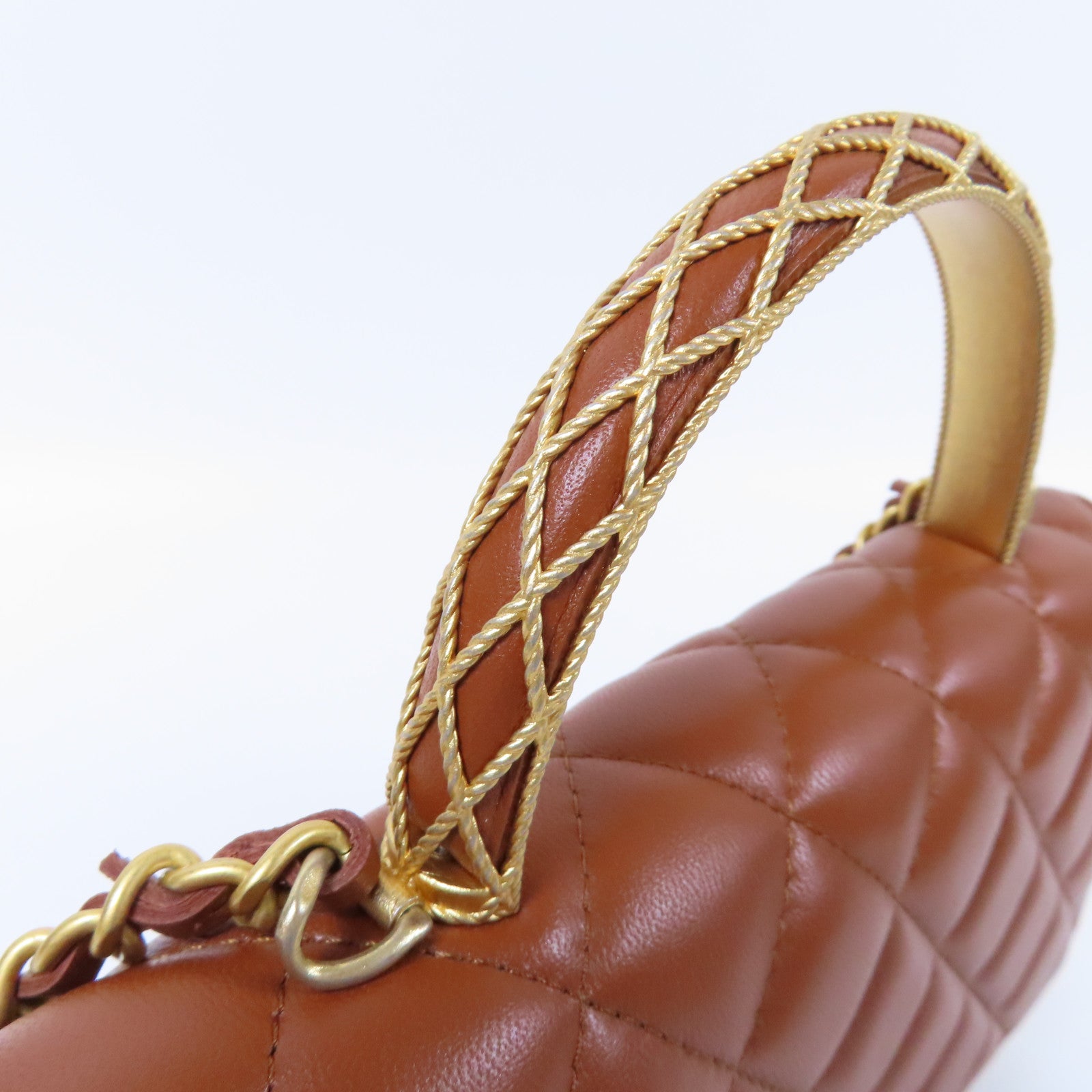 CHANEL 菱格羊皮皮革Top Handle WOC金扣鏈帶手挽肩背兩用袋啡色
