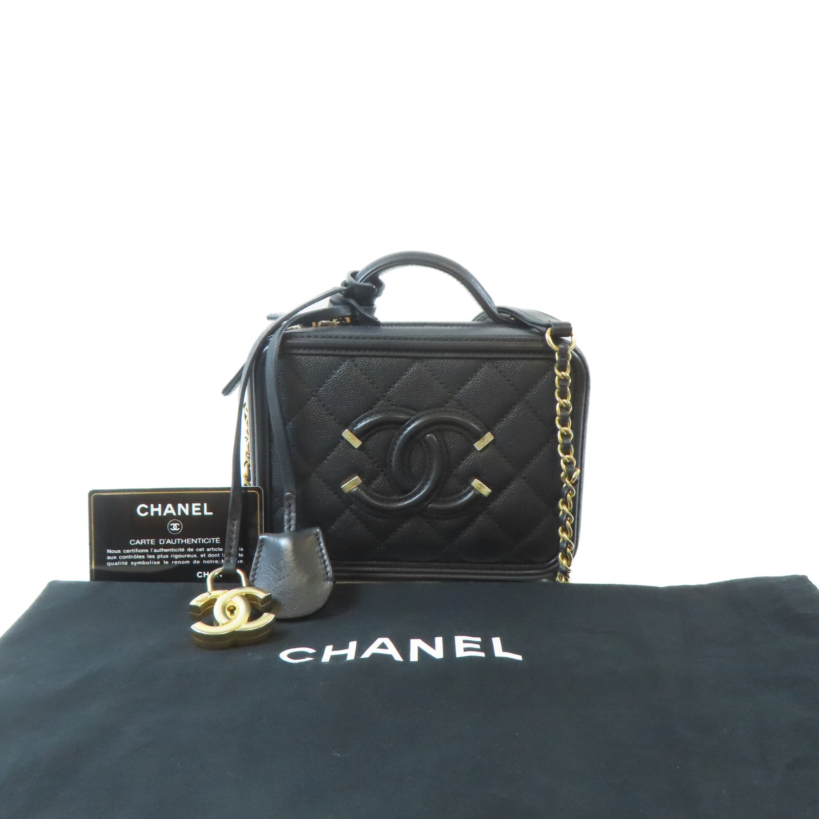 CHANEL 【激減優惠】菱格Caviar皮革Vanity Case金扣鏈帶手挽肩背兩用袋黑色