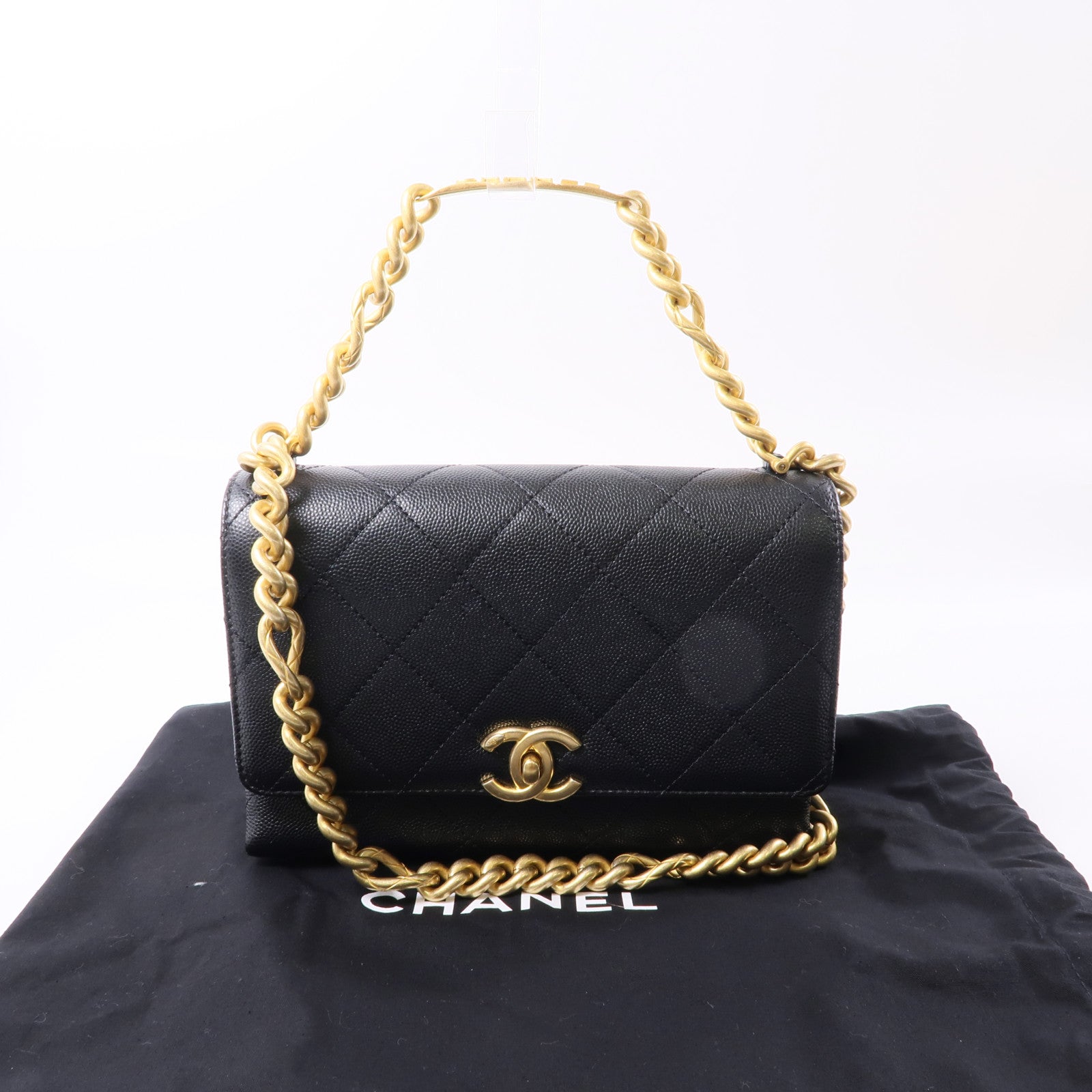 CHANEL 牛皮皮革Chain Shoulder金扣鏈帶手挽肩背兩用袋黑色