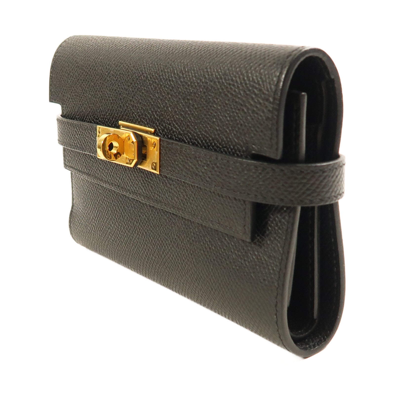 HERMES Epsom皮革Kelly Wallet Compact金扣長錢包Noir