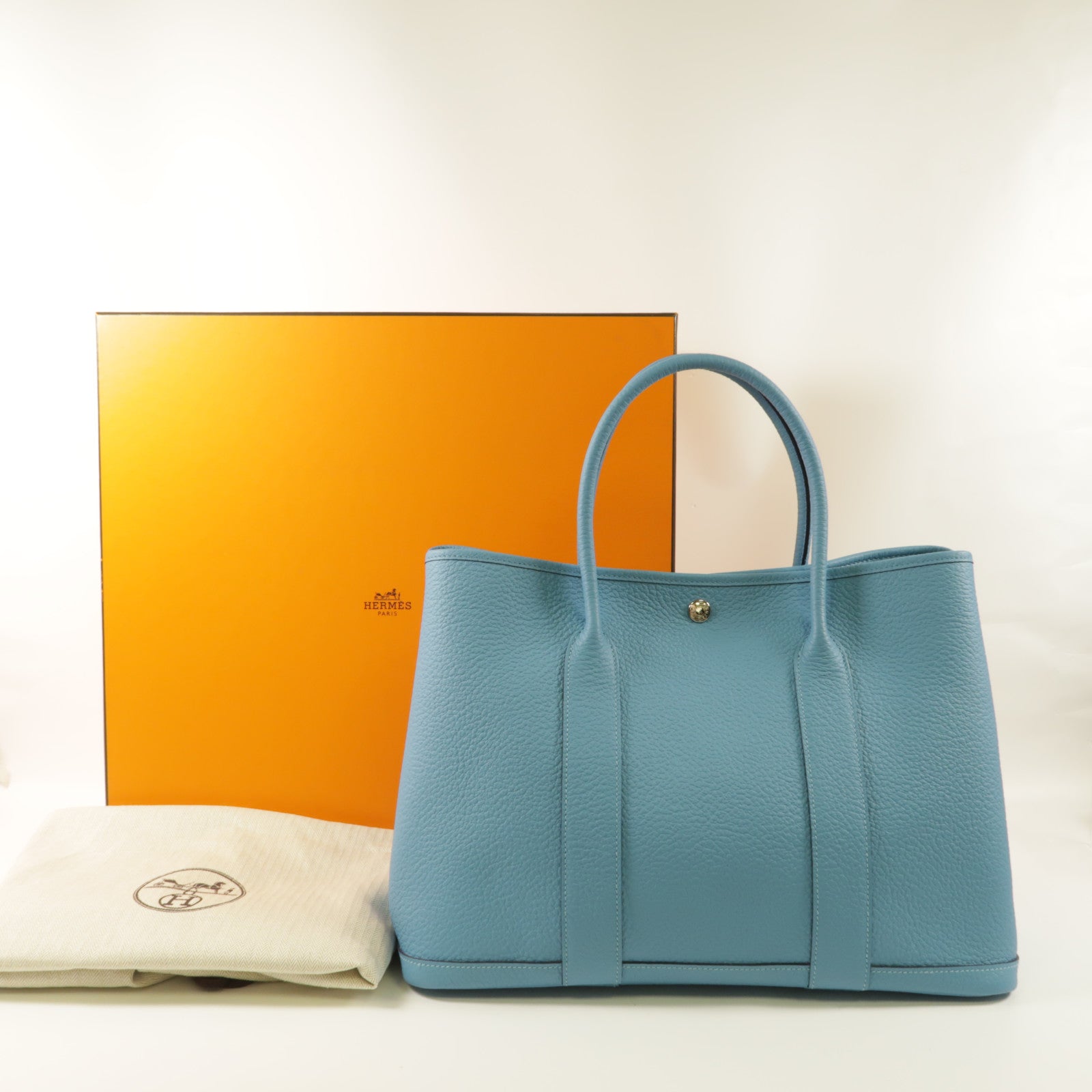 HERMES 【激減優惠】Country皮革Garden Party PM銀扣手挽袋P3 Bleu Du Nord
