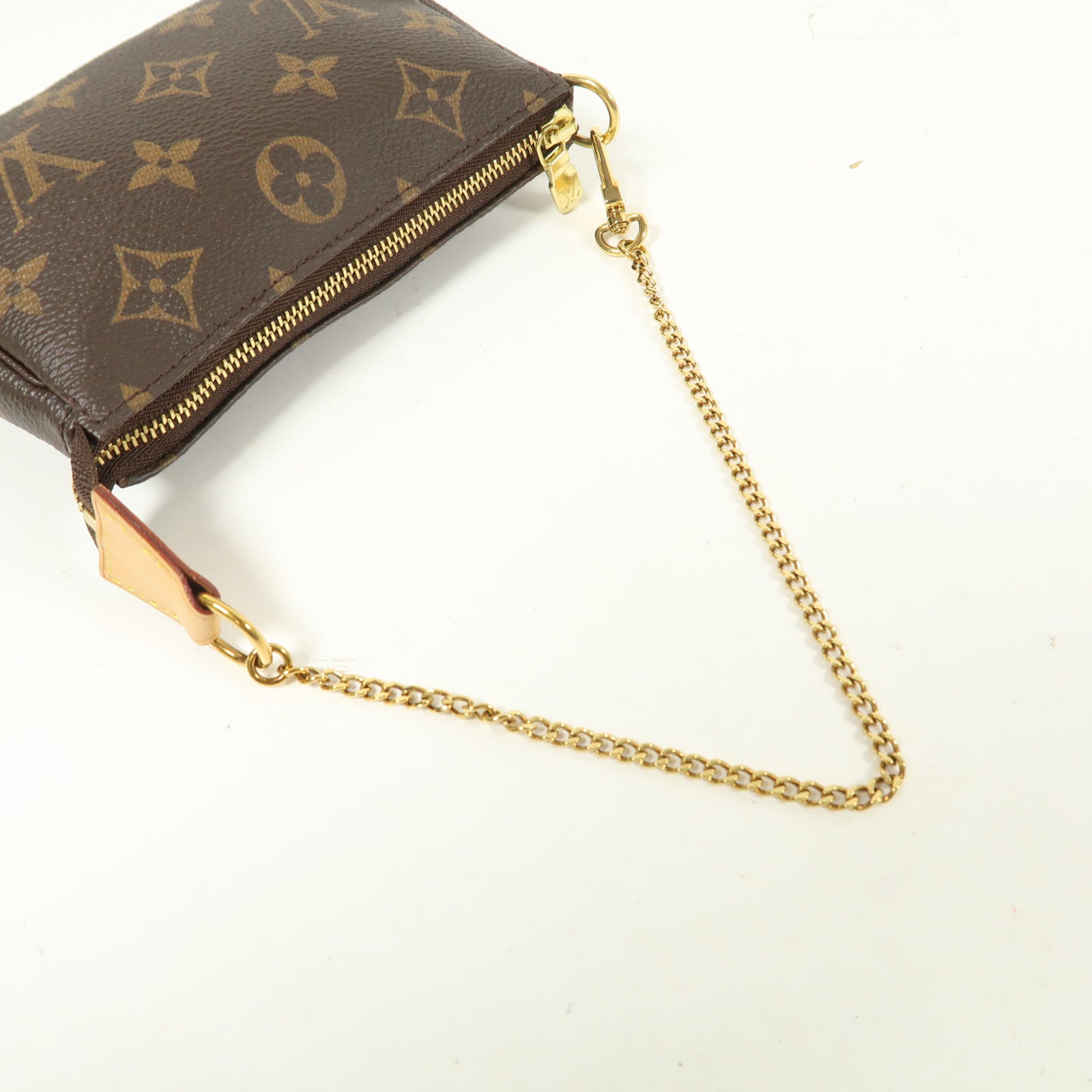 LOUIS VUITTON Monogram Mini Pochette Accessoires金扣手挽袋棕色