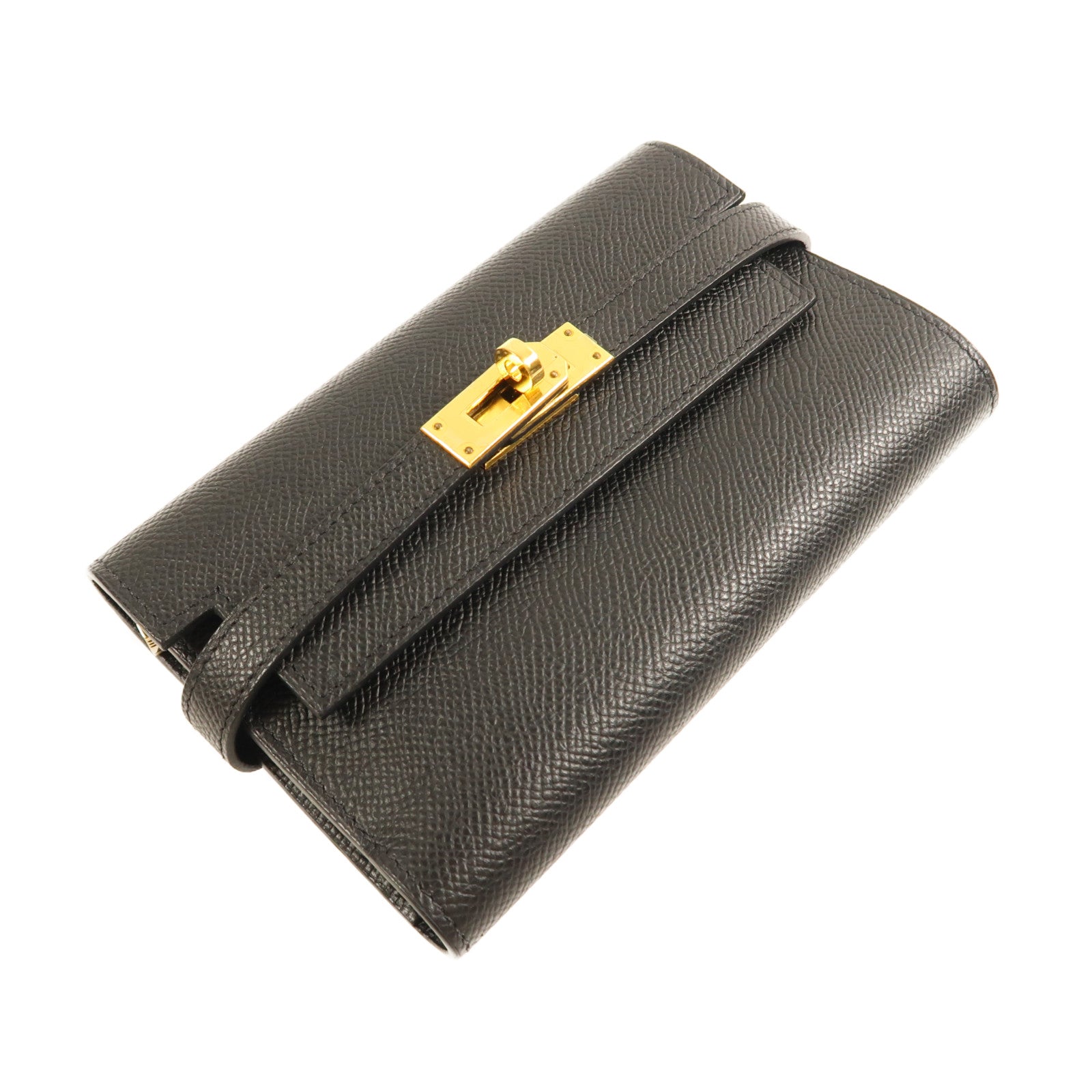 HERMES Epsom皮革Kelly Wallet Compact金扣長錢包Noir