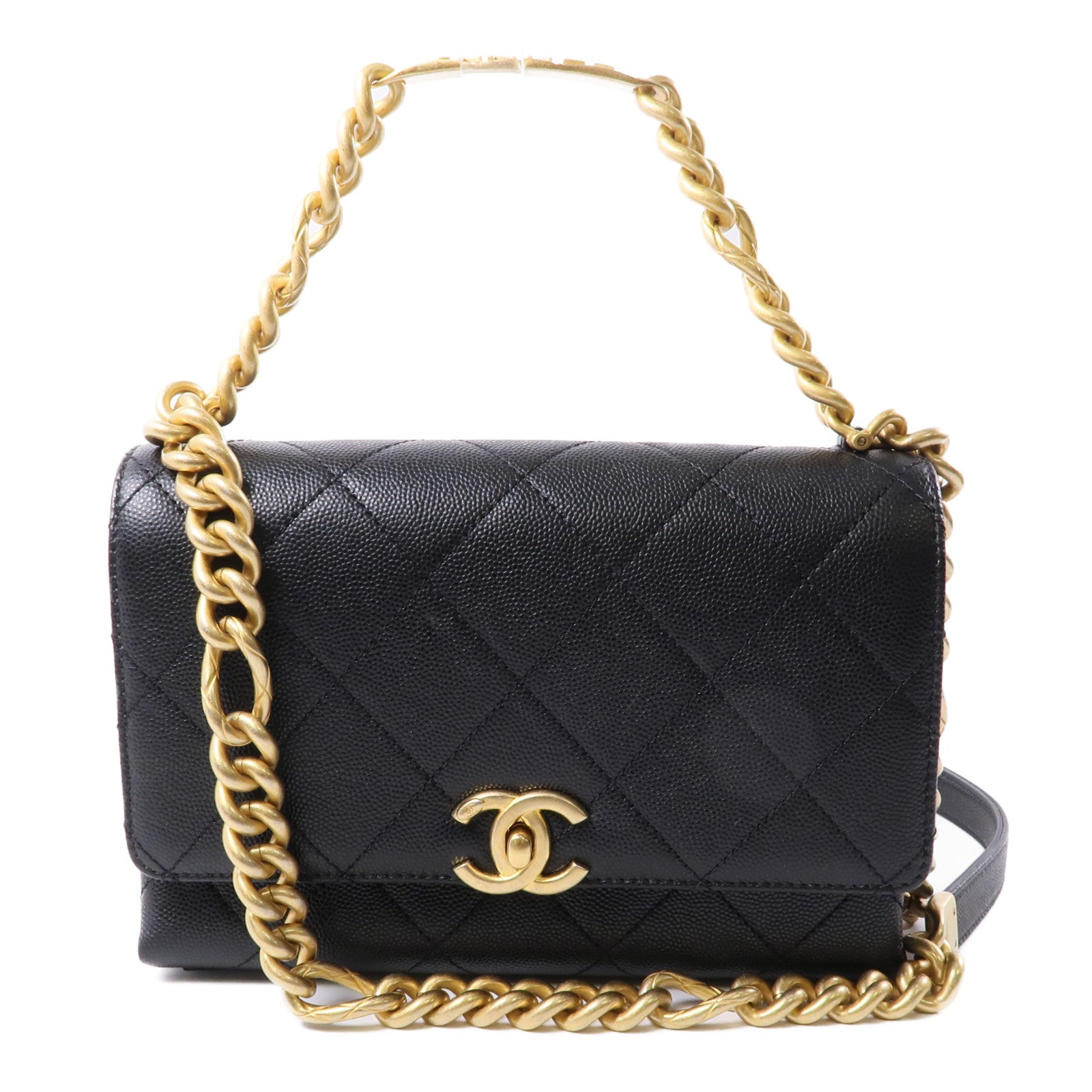 CHANEL 牛皮皮革Chain Shoulder金扣鏈帶手挽肩背兩用袋黑色