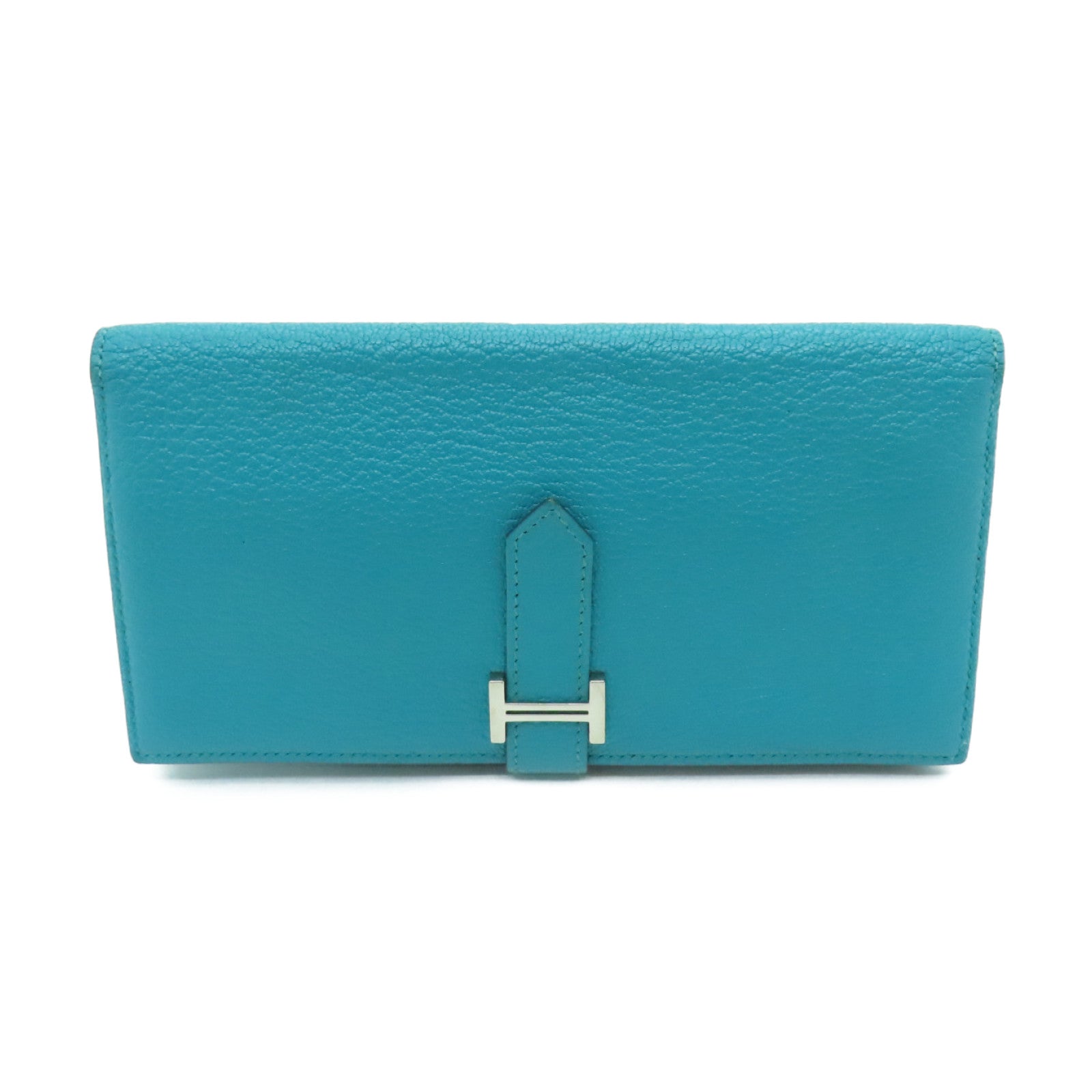 HERMES Chevre Leather Bearn W Snap Silver Buckle Long Wallet Peacock Blue
