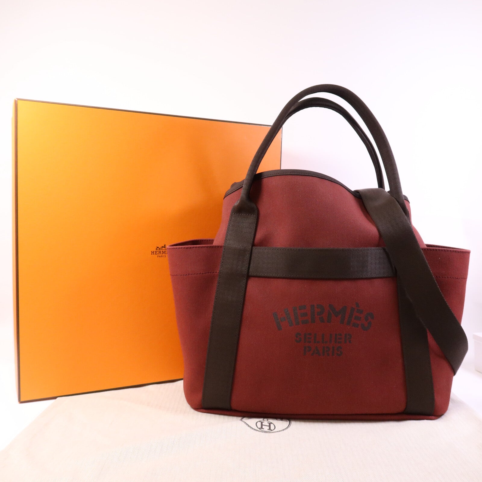 HERMES 帆布Grooming Bag銀扣手挽肩背兩用袋Rouge H/Chocolat
