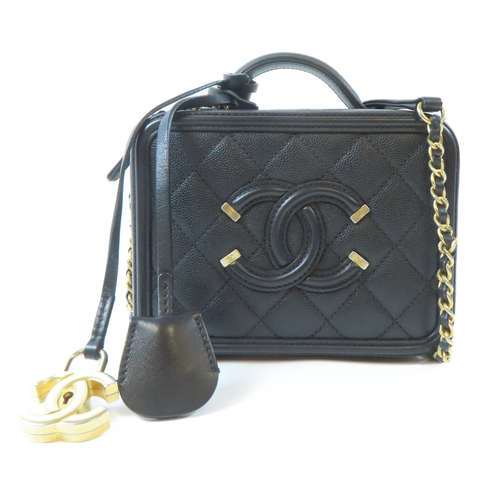 CHANEL 【激減優惠】菱格Caviar皮革Vanity Case金扣鏈帶手挽肩背兩用袋黑色