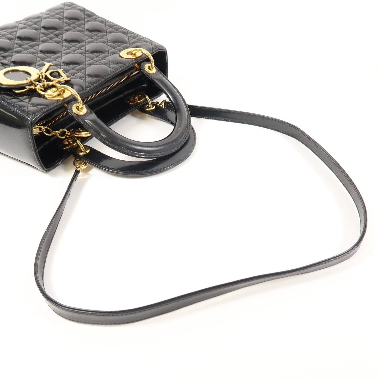 Dior 漆皮皮革Lady Dior Medium金扣手挽肩背兩用袋