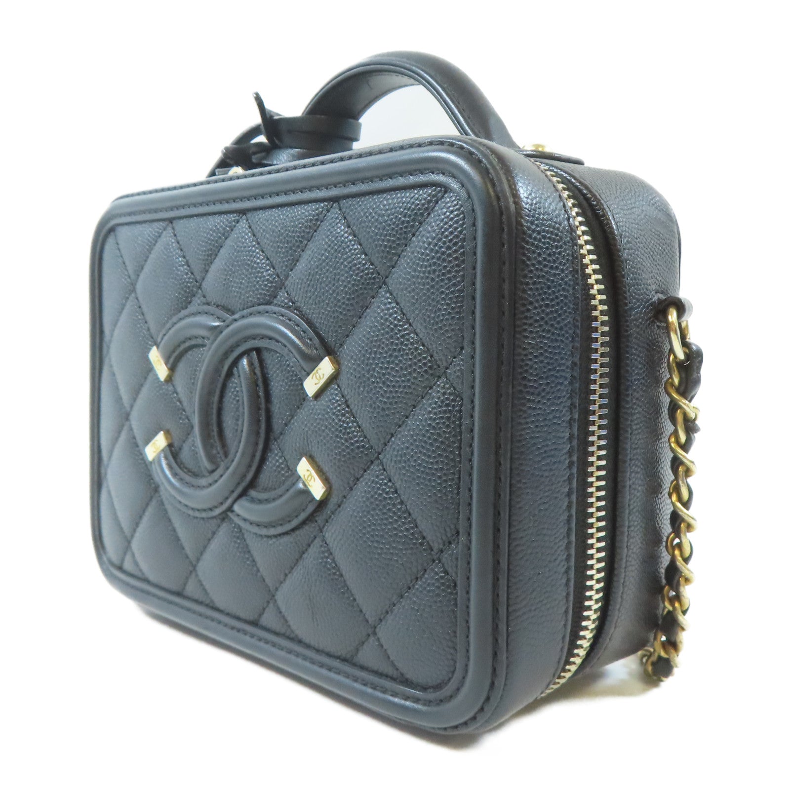 CHANEL 【激減優惠】菱格Caviar皮革Vanity Case金扣鏈帶手挽肩背兩用袋黑色