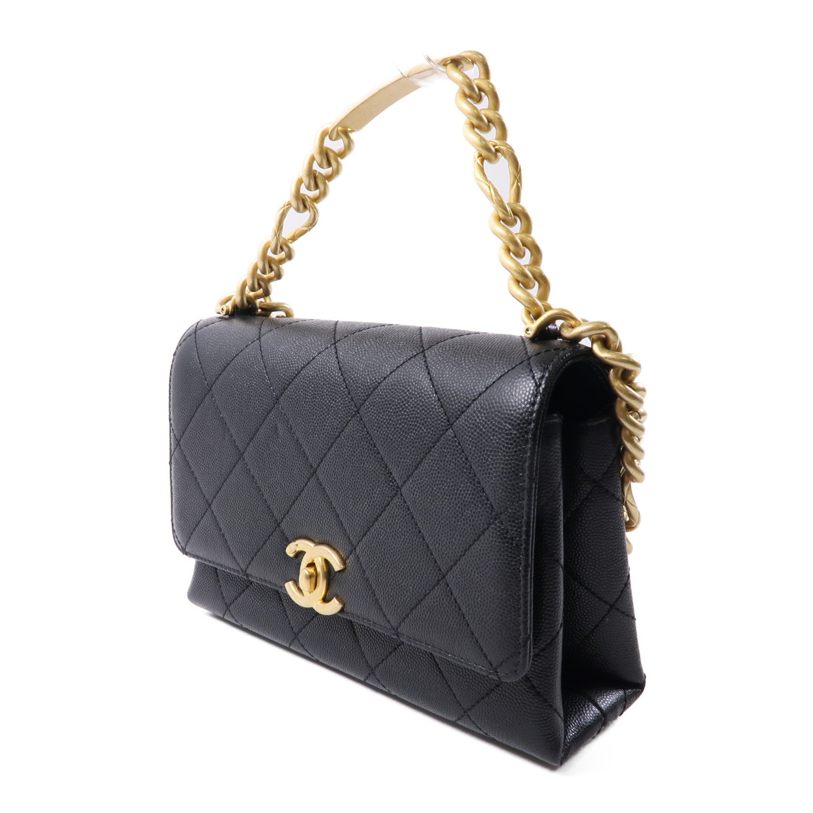 CHANEL 牛皮皮革Chain Shoulder金扣鏈帶手挽肩背兩用袋黑色