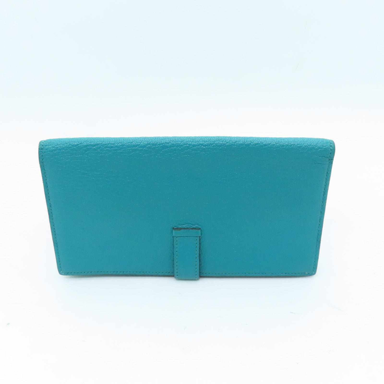 HERMES Chevre Leather Bearn W Snap Silver Buckle Long Wallet Peacock Blue