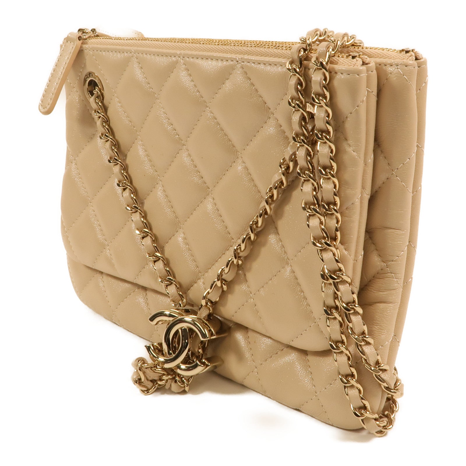 CHANEL 羊皮皮革Drawstring Double Zip Crossbody Bag金扣鏈帶肩背袋