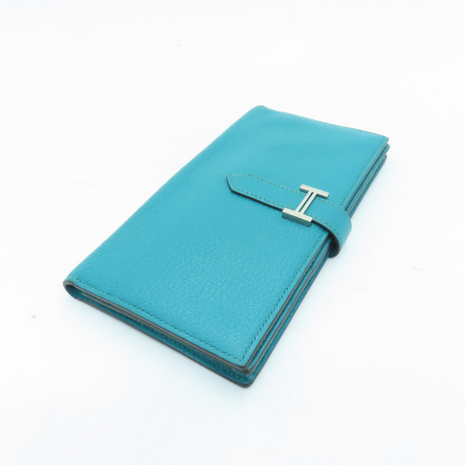 HERMES Chevre Leather Bearn W Snap Silver Buckle Long Wallet Peacock Blue