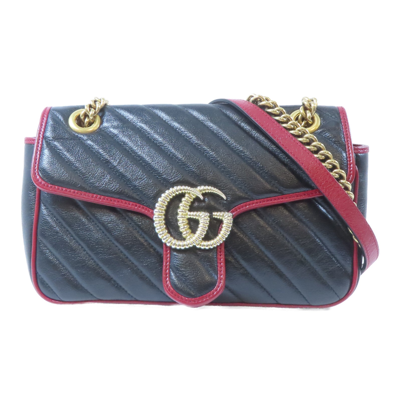 GUCCI 【激減優惠】斜紋牛皮皮革GG Marmont金扣鏈帶肩背袋黑色
