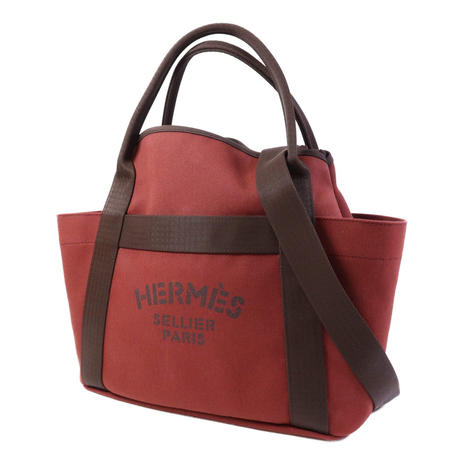 HERMES 帆布Grooming Bag銀扣手挽肩背兩用袋Rouge H/Chocolat