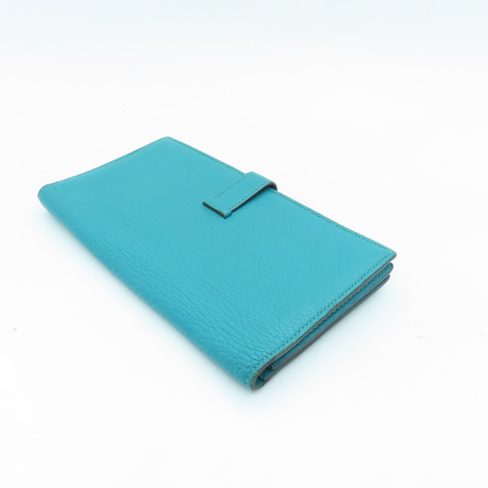 HERMES Chevre Leather Bearn W Snap Silver Buckle Long Wallet Peacock Blue