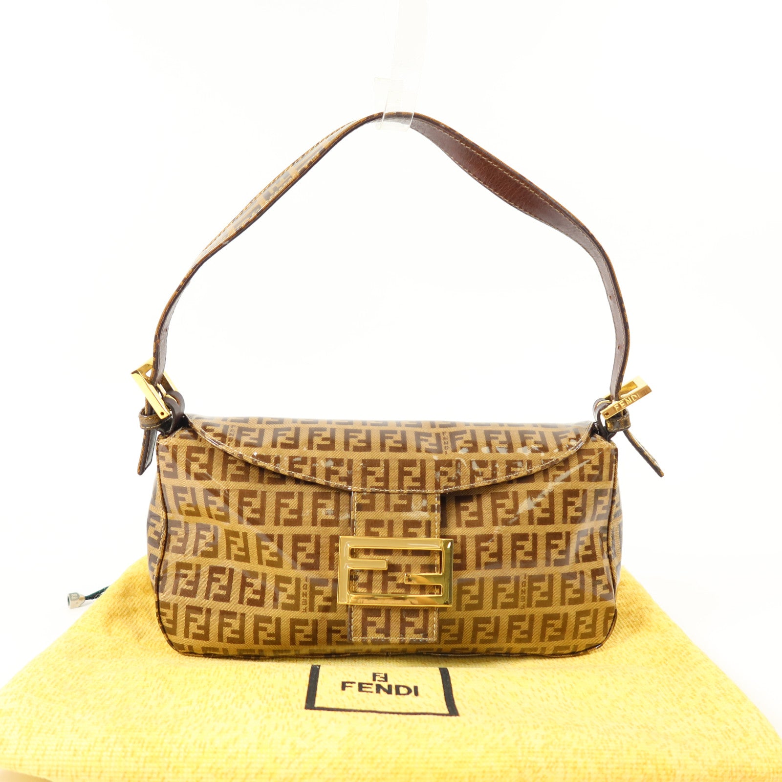 FENDI 塗層帆布Zucchino Double Flap Baguette金扣手挽肩背兩用袋
