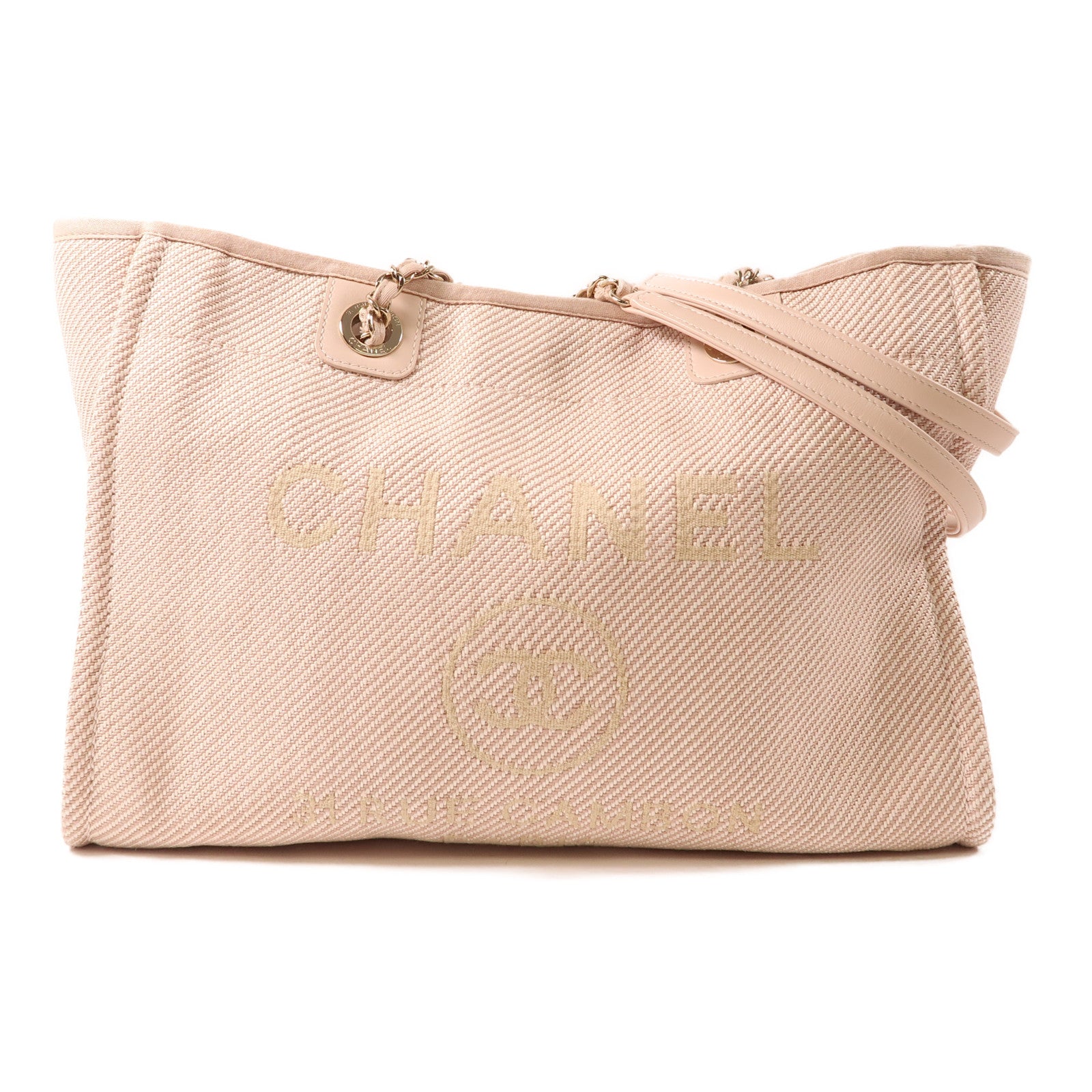 CHANEL 帆布Deauville Tote Bag金扣肩背袋粉紅色