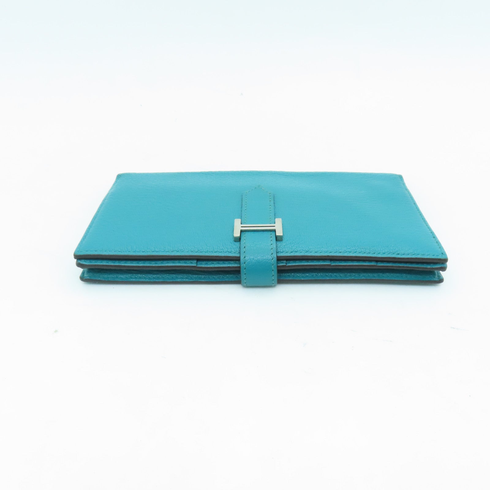 HERMES Chevre Leather Bearn W Snap Silver Buckle Long Wallet Peacock Blue