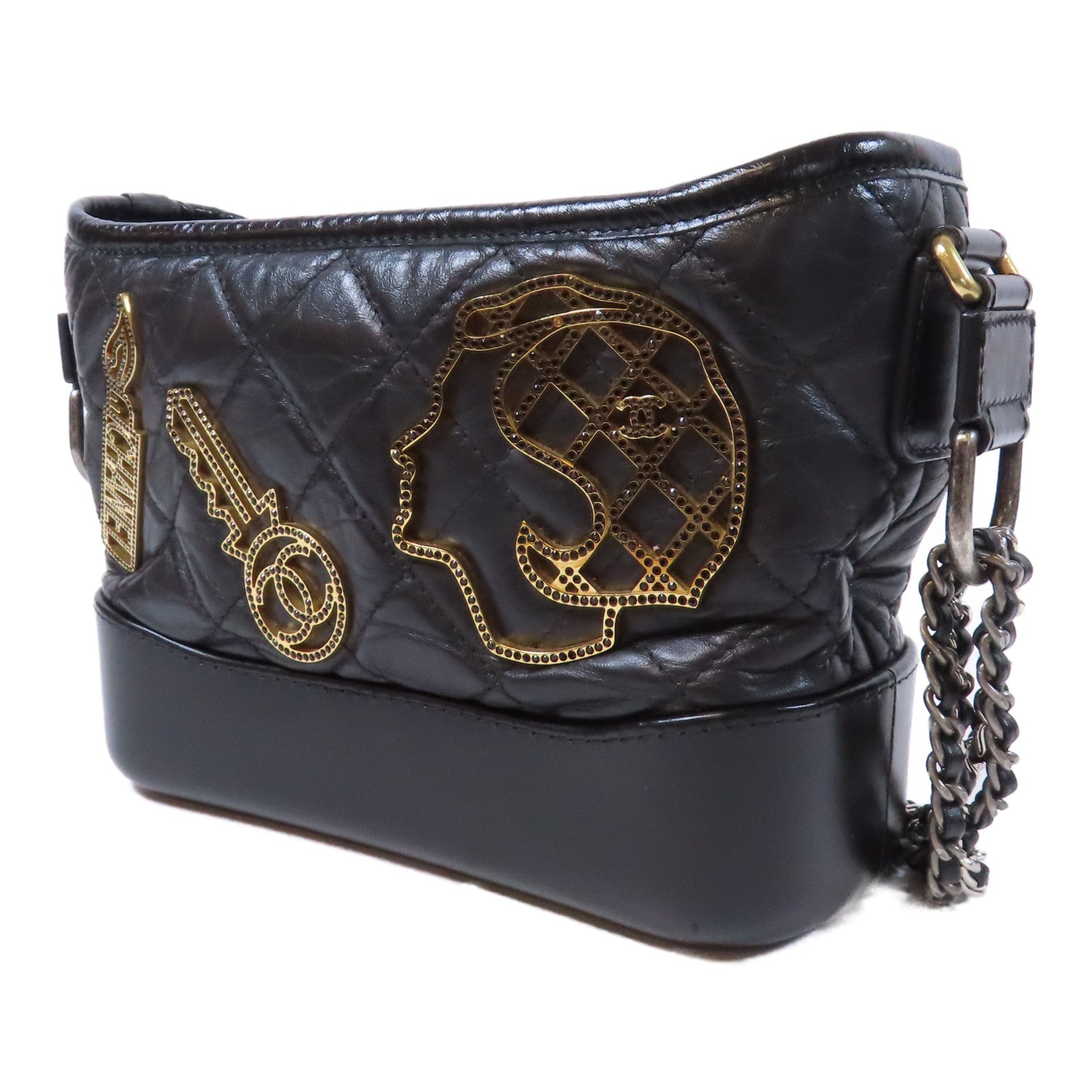 CHANEL 菱格牛皮皮革Gabrielle金/銀扣鏈帶肩背袋黑色