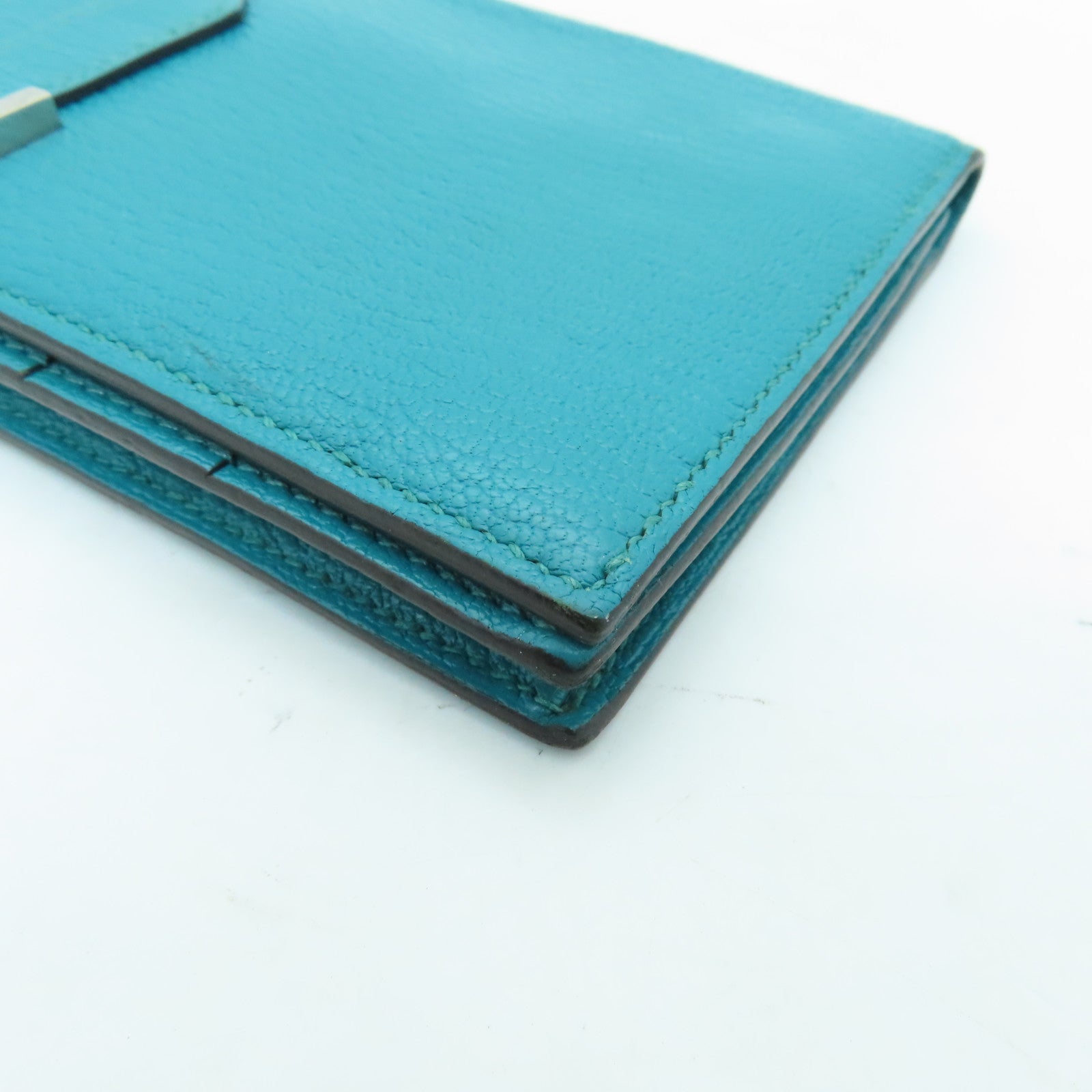 HERMES Chevre Leather Bearn W Snap Silver Buckle Long Wallet Peacock Blue