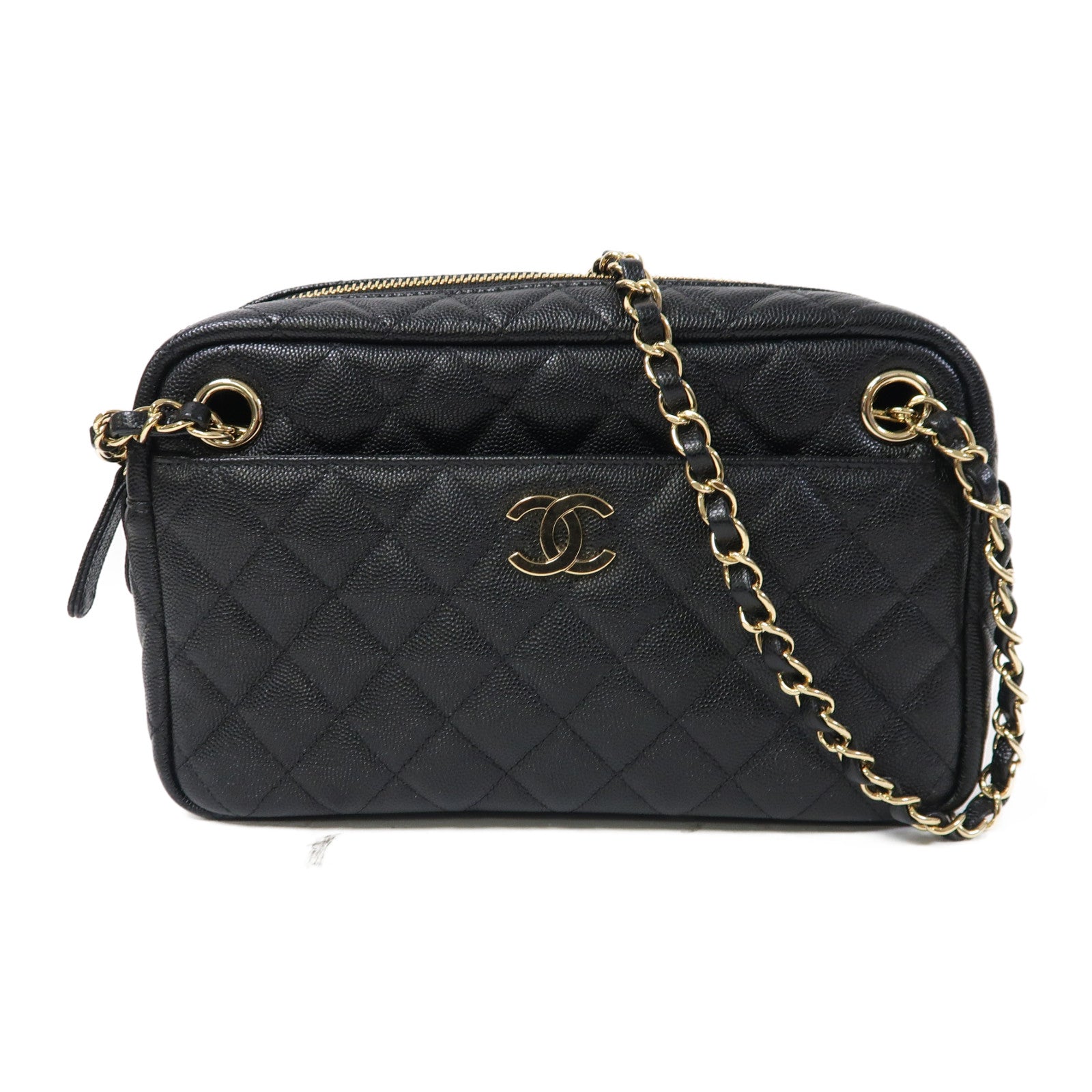 CHANEL 菱格Caviar皮革Chain Shoulder金扣鏈帶肩背袋黑色