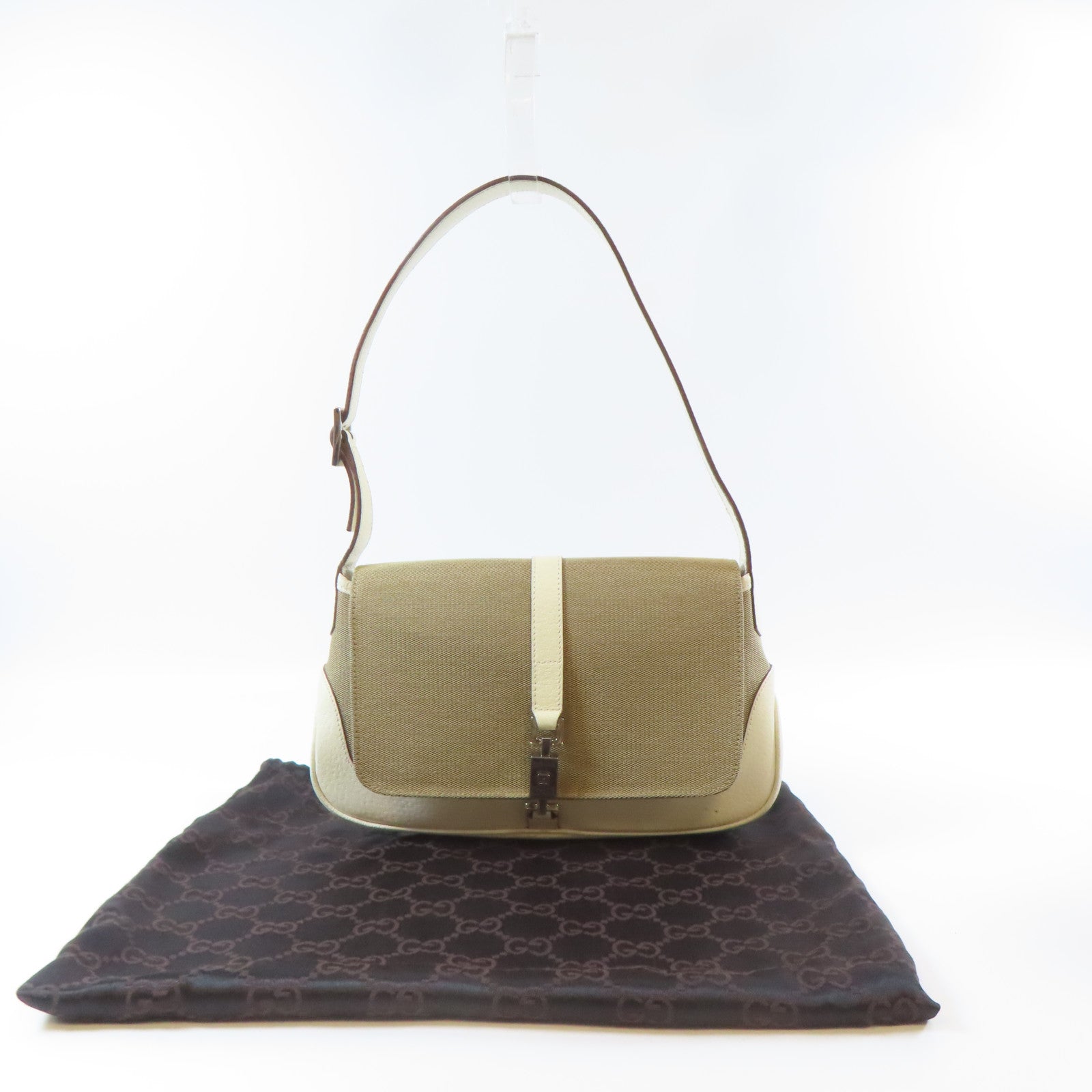 GUCCI 【激減優惠】帆布/皮革Jackie Handbag銀扣手挽袋啡色/白色