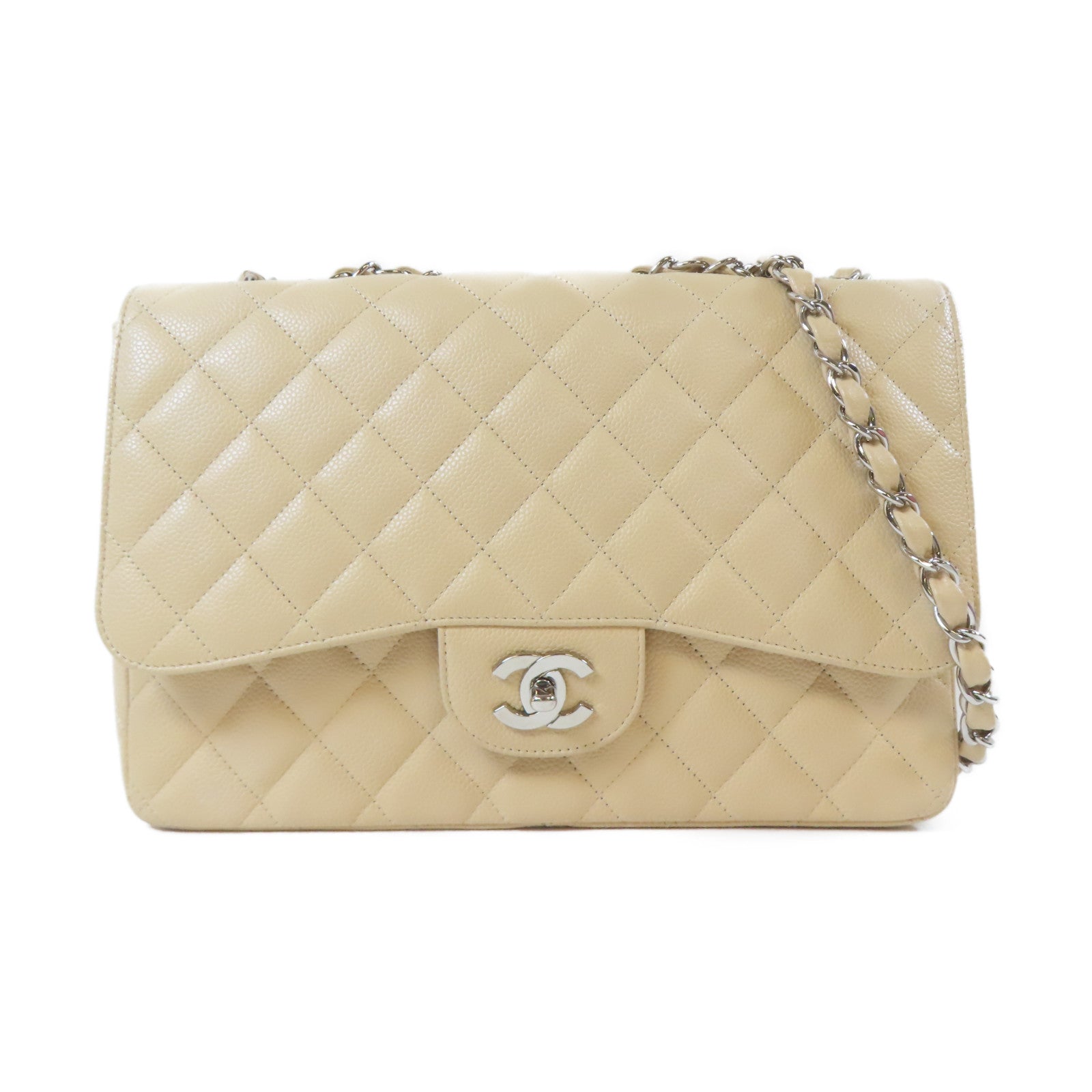 CHANEL 菱格Caviar皮革Jumbo Chain Shoulder Bag銀扣鏈帶肩背袋米色