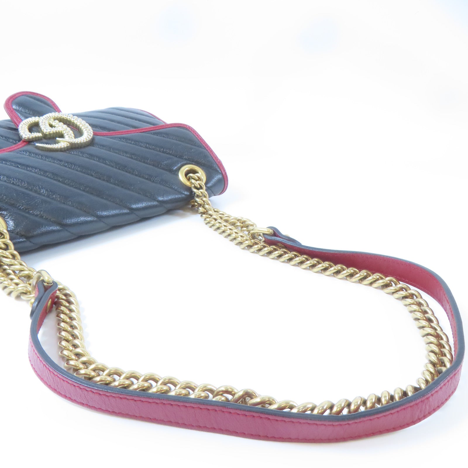 GUCCI 【激減優惠】斜紋牛皮皮革GG Marmont金扣鏈帶肩背袋黑色