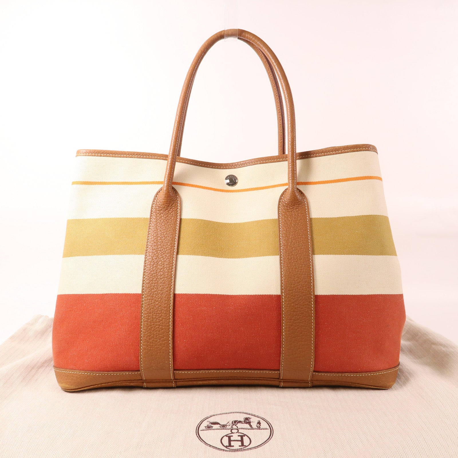 HERMES 帆布/皮革Garden Party PM銀扣手挽袋